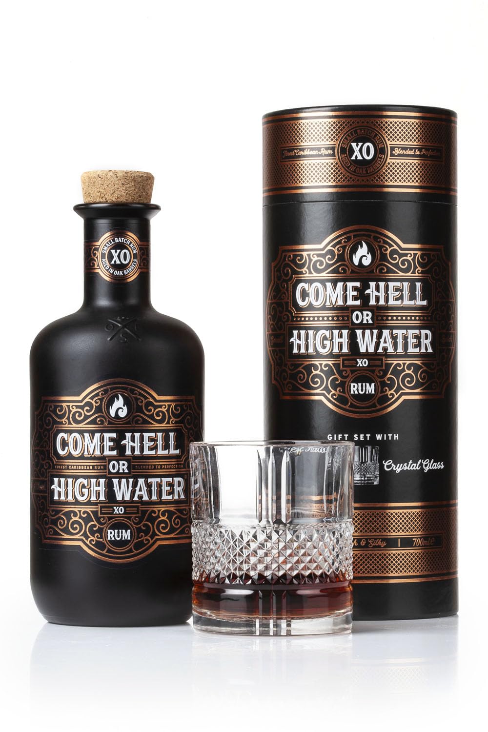 Come Hell or High Water XO Rum – 15 Jahre alter Premium Dark Rum im Geschenkset inklusive Kristallglas – 70 cl, 40% Vol. – Pur oder „On the Rocks“ genießen – Premium-Alkohol für anspruchsvolle Genieß