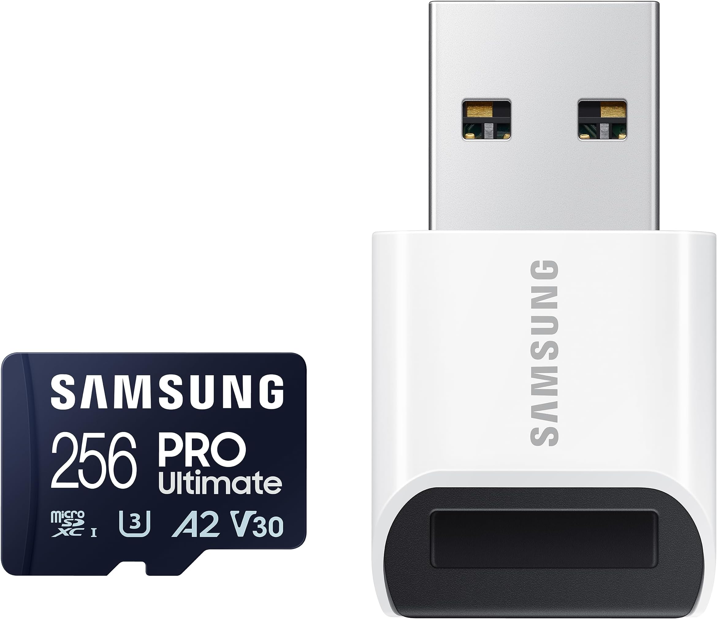 Samsung PRO Ultimate microSD Memory Card+Reader, 256GB microSDXC, Up to 200 MB/s, 4K UHD, UHS-I, Class 10, U3,V30, A2 for GoPRO Action Cam, DJI Drone, Gaming, Phones, Tablets, MB-MY256SB/AM