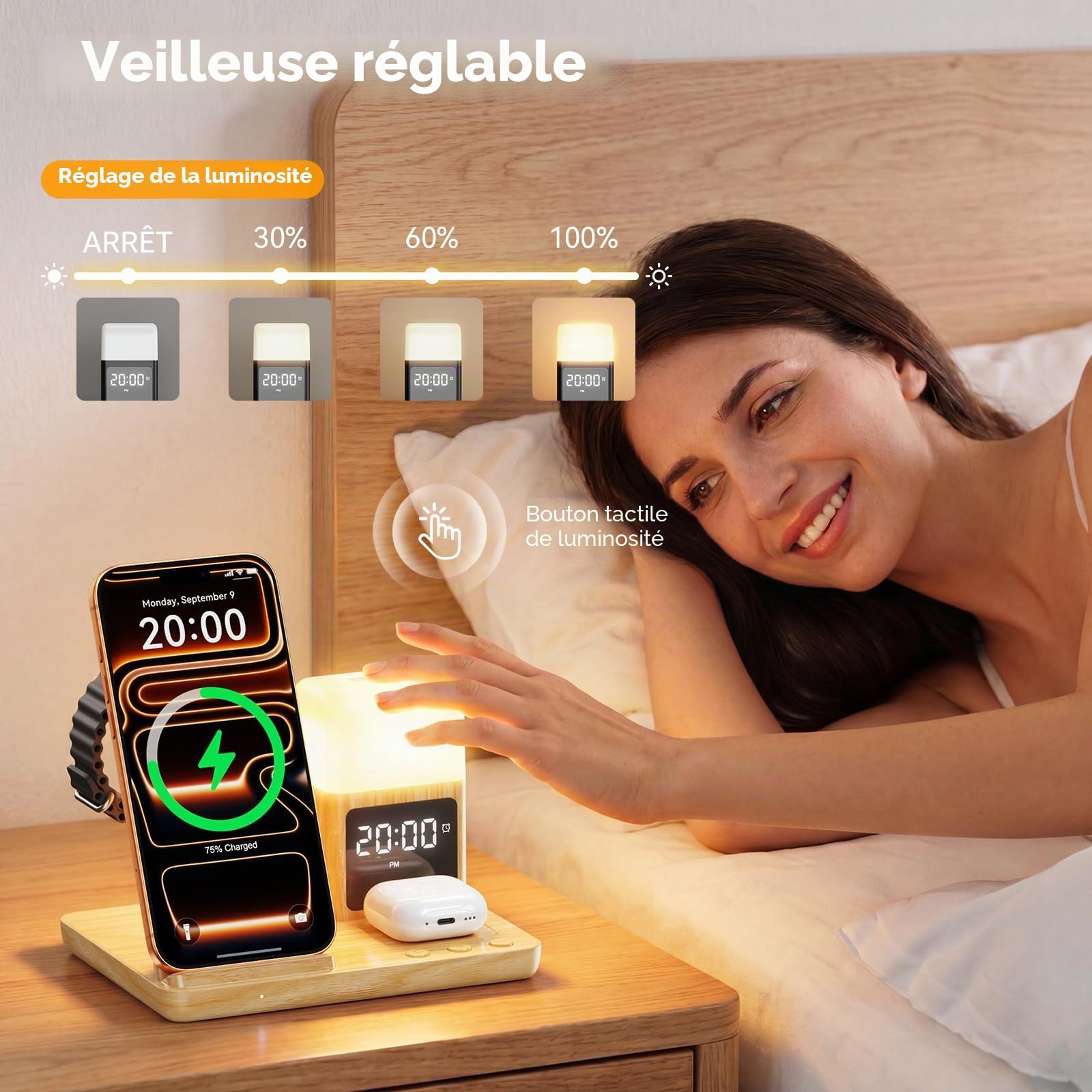 Station de Charge pour Apple, Chargeur sans Fil pour iPhone 17/16/15/14/13/12/11, Chargeur Induction 3 en 1 pour Apple Watch Series & AirPods avec Lampe de Nuit et Réveil Adaptateur Inclus