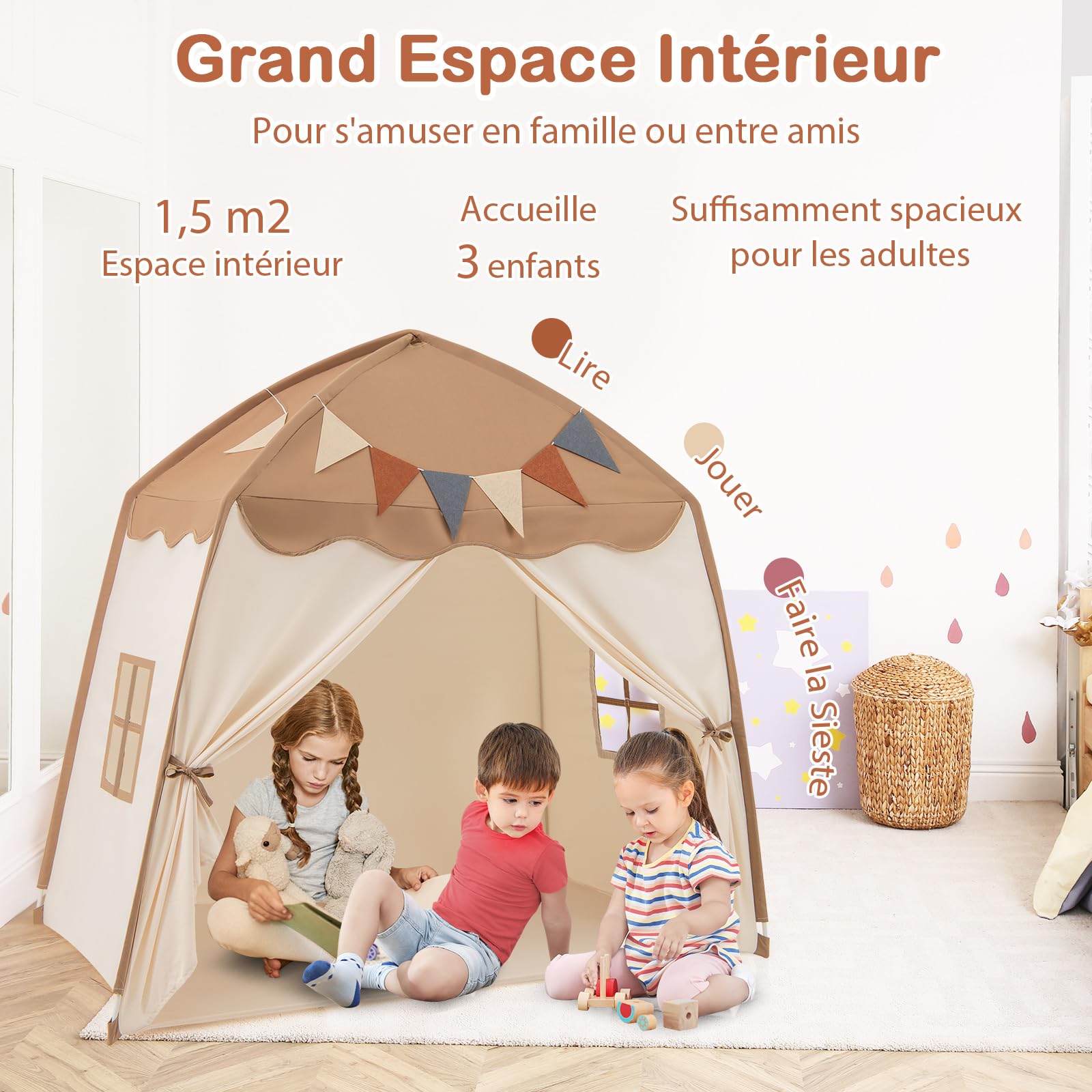 COSTWAY Tente de Jeux Enfant avec Guirlandes Lumineuses & Drapeaux, Cabane Enfant Interieure avec Fenêtres & Tissu Lavable, Style Princesse pour 3 Enfants de 3-12 Ans, 157x98x148cm (Beige + Café)
