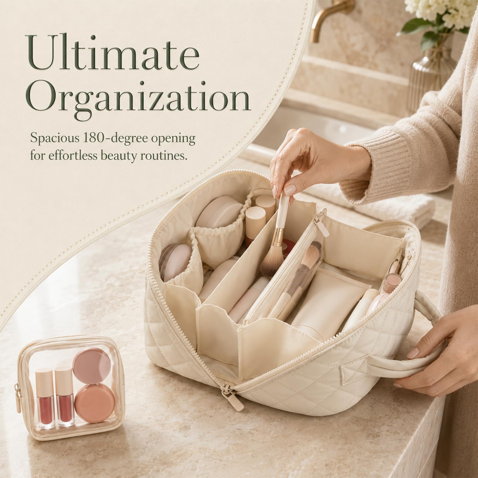 2 Pezzi Borsa Cosmetici, necessaire Donna (Crema) | Borsa cosmetici donna, borsa da toilette con apertura a 180°, leggera e morbida, grandi scomparti, lavabile per viaggio