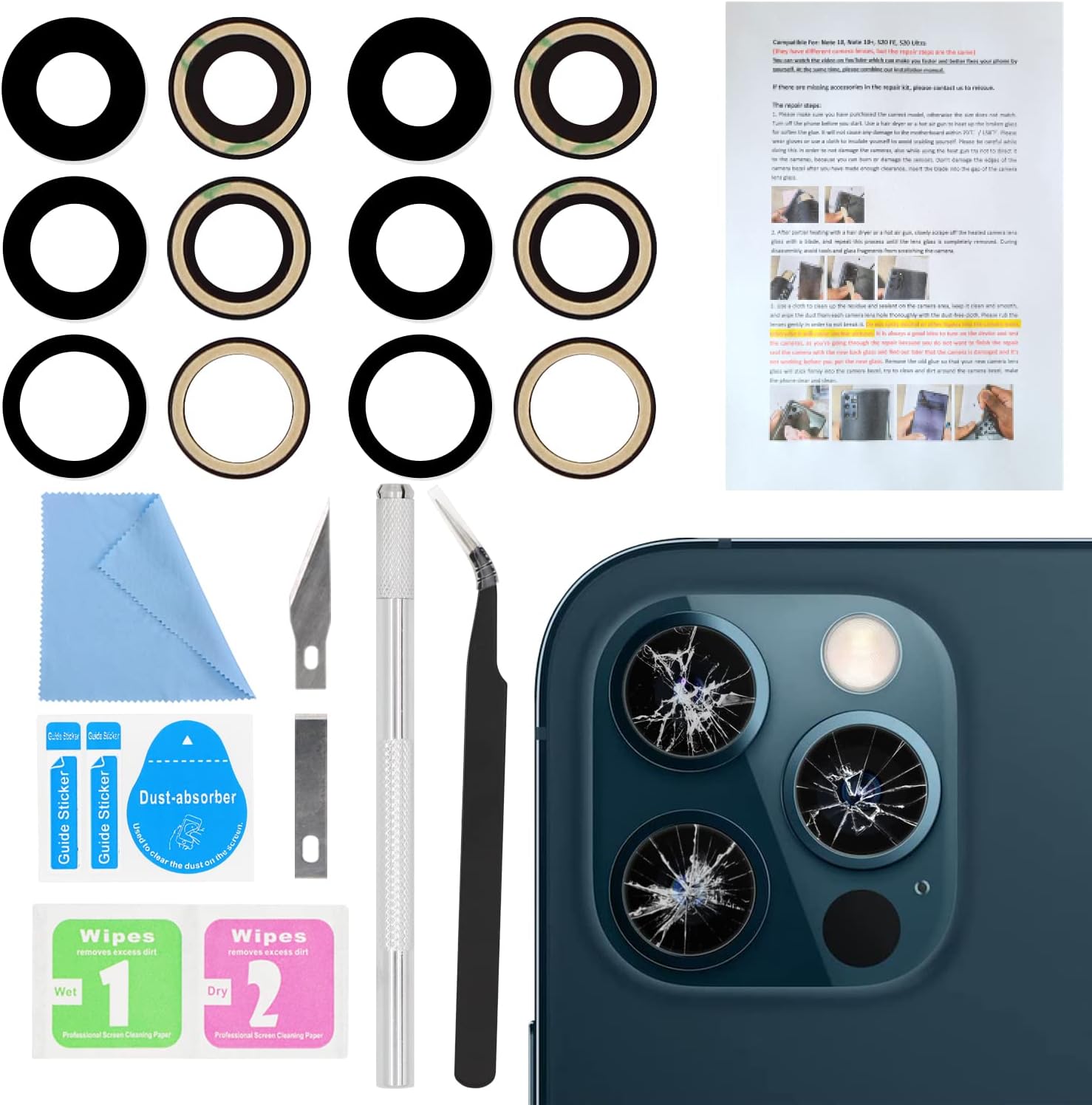 ASDAWN 2PCS Back Rear Camera Lens Glass Replacement for iPhone 12 Pro Max 6.7 Inches with Pre-Installed Adhesive, Back Glass camera Lens with Installation Manual + Repair Tool Set