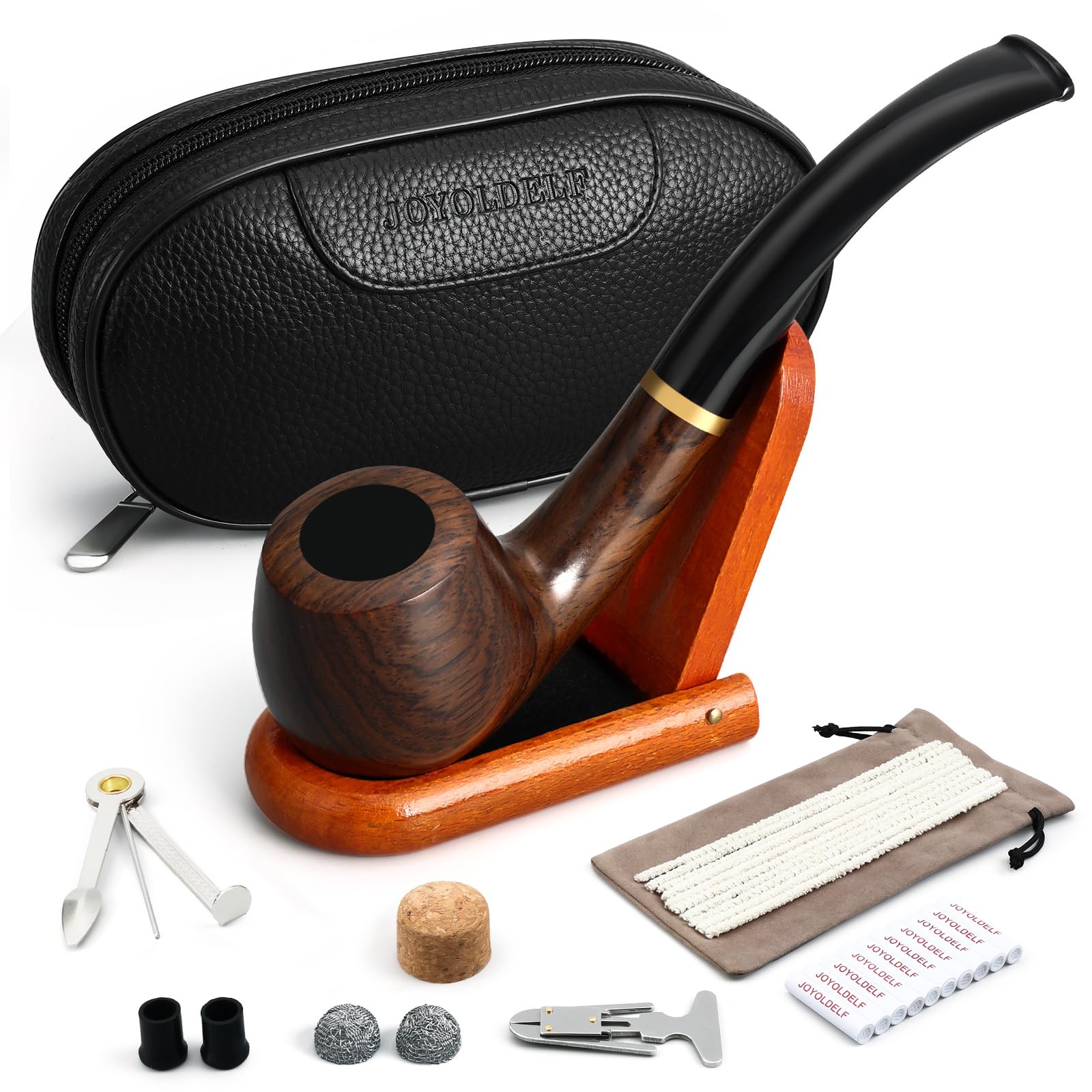 Joyoldelf Smoking Pipes, Luxury Ebony Tobacco Smoking Pipe Set, Deepened & Windproof Wooden Pipe with Leather Tobacco Pouches, Pipe Stand and Smoking Accessories