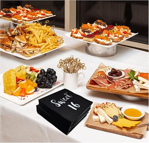 Miniatura 7 de 40 servilletas de cóctel negras y plateadas con dulces de 16 años, decoraciones de fiesta de cumpleaños 16, decoración de mesa, servilletas de