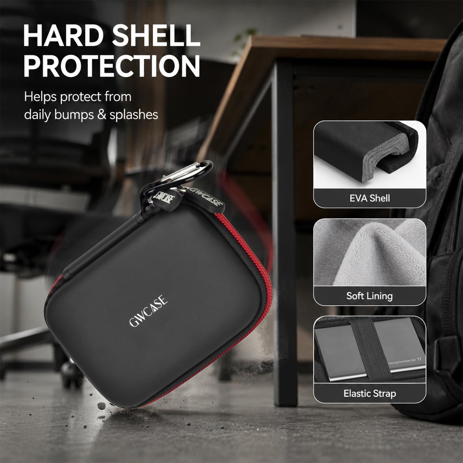 GWCASE Funda rígida compatible con Samsung T7 / T7 Touch SSD portátil, organizador de viaje a prueba de golpes con bandeja interior extraíble y trabillas para los dedos, bolsillo de malla para cables