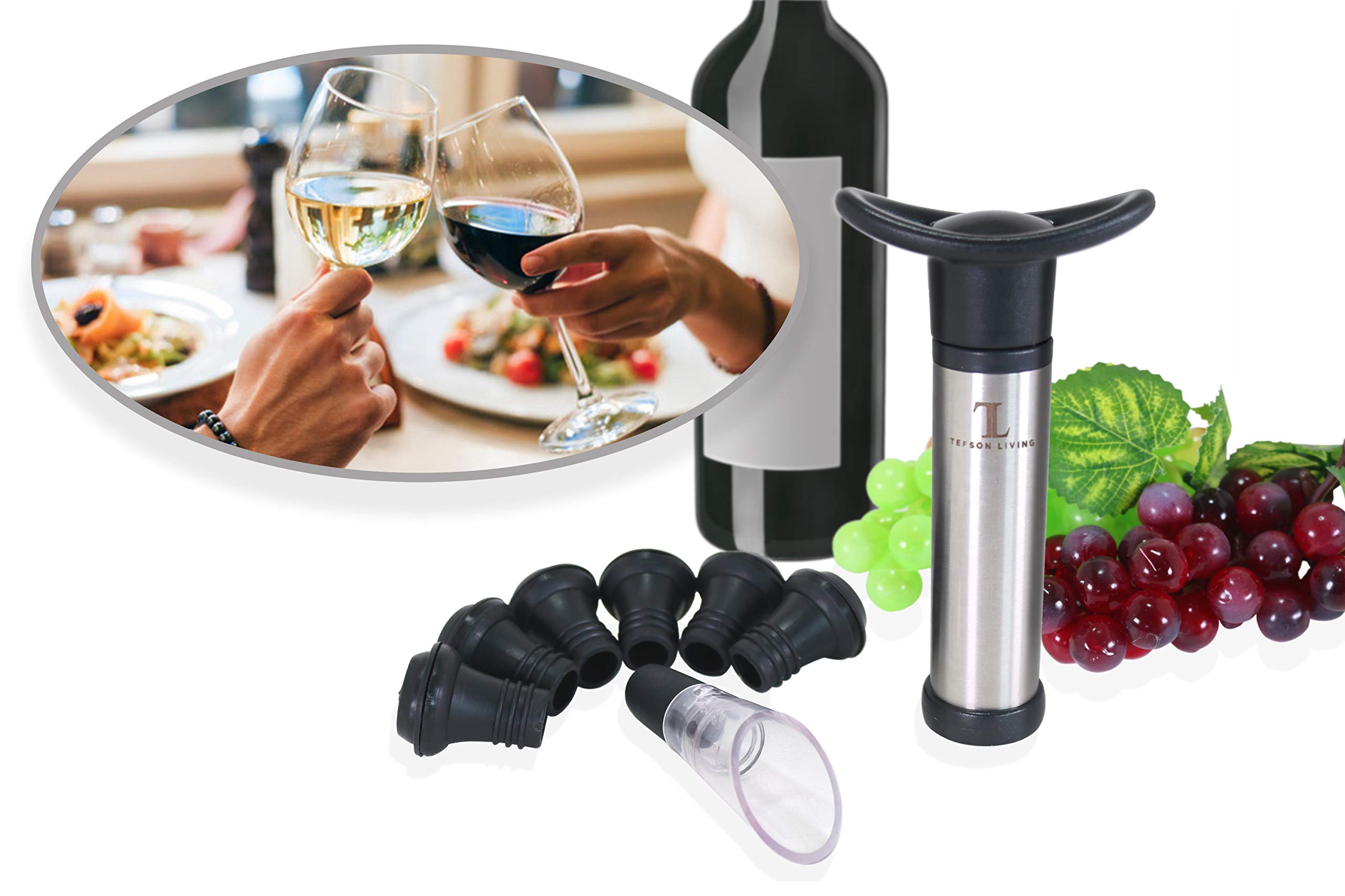 Pompa Salvavino Tefson Living Con Tappi In Silicone - Conserva Il Vino Pi&ugrave; A Lungo, Set Completo