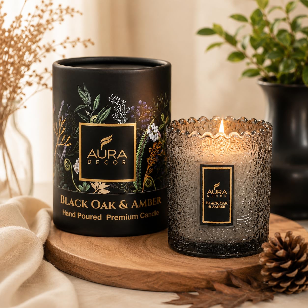 AuraDecor Black Oak & Amber Luxury Scented Candle | 50-55 Hours Burn Time | Imported Embossed Glass Jar | Premium Home Fragrance | Gift Ready Packaging-image-22