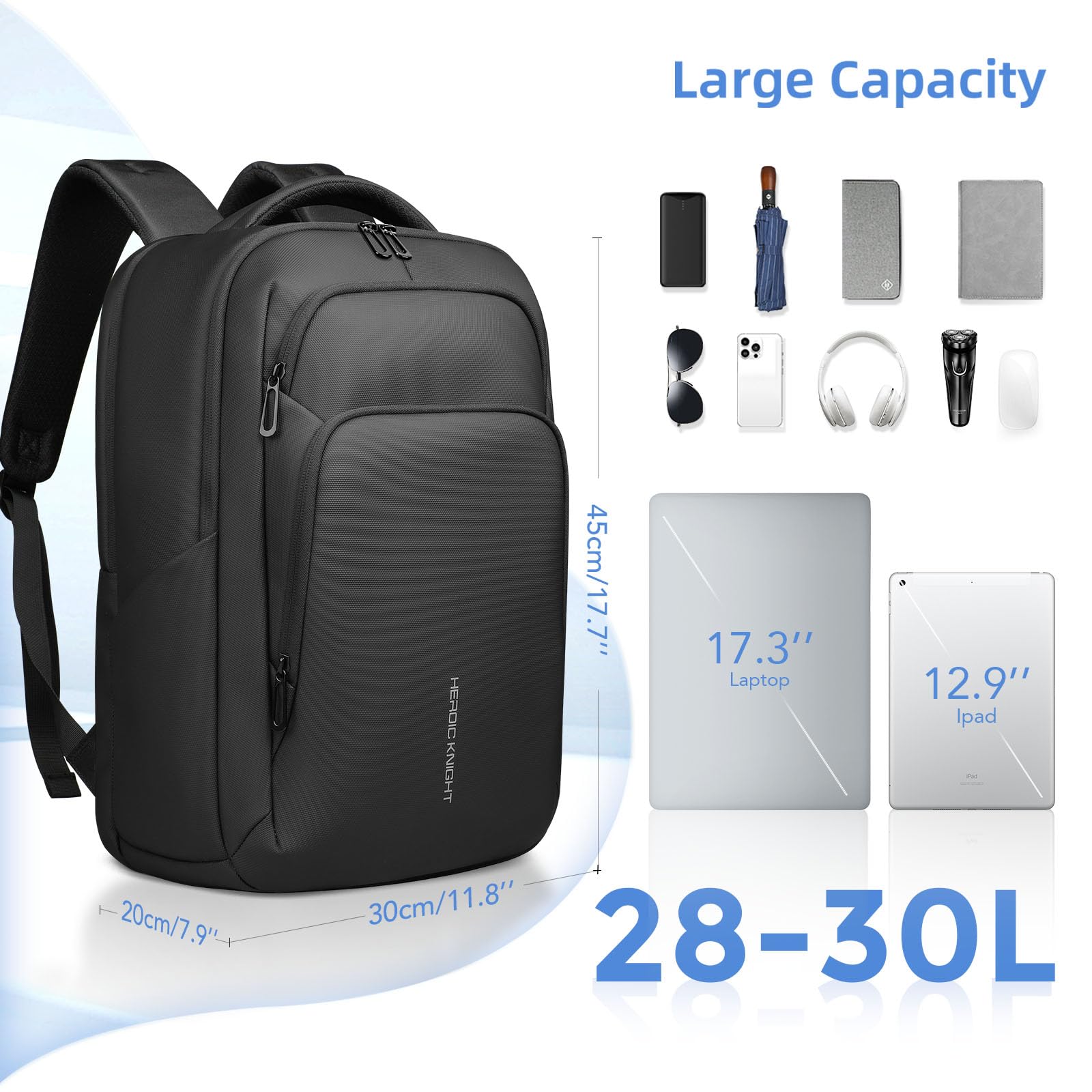 Sac à Dos Homme pour Ordinateur Portable 17,3 Pouces avec Ports USB-C & USB-A, Grande Capacité 24-28L, Étanche, Antivol, Léger pour Bureau, Travail, Université, Quotidien et Voyage - Noir