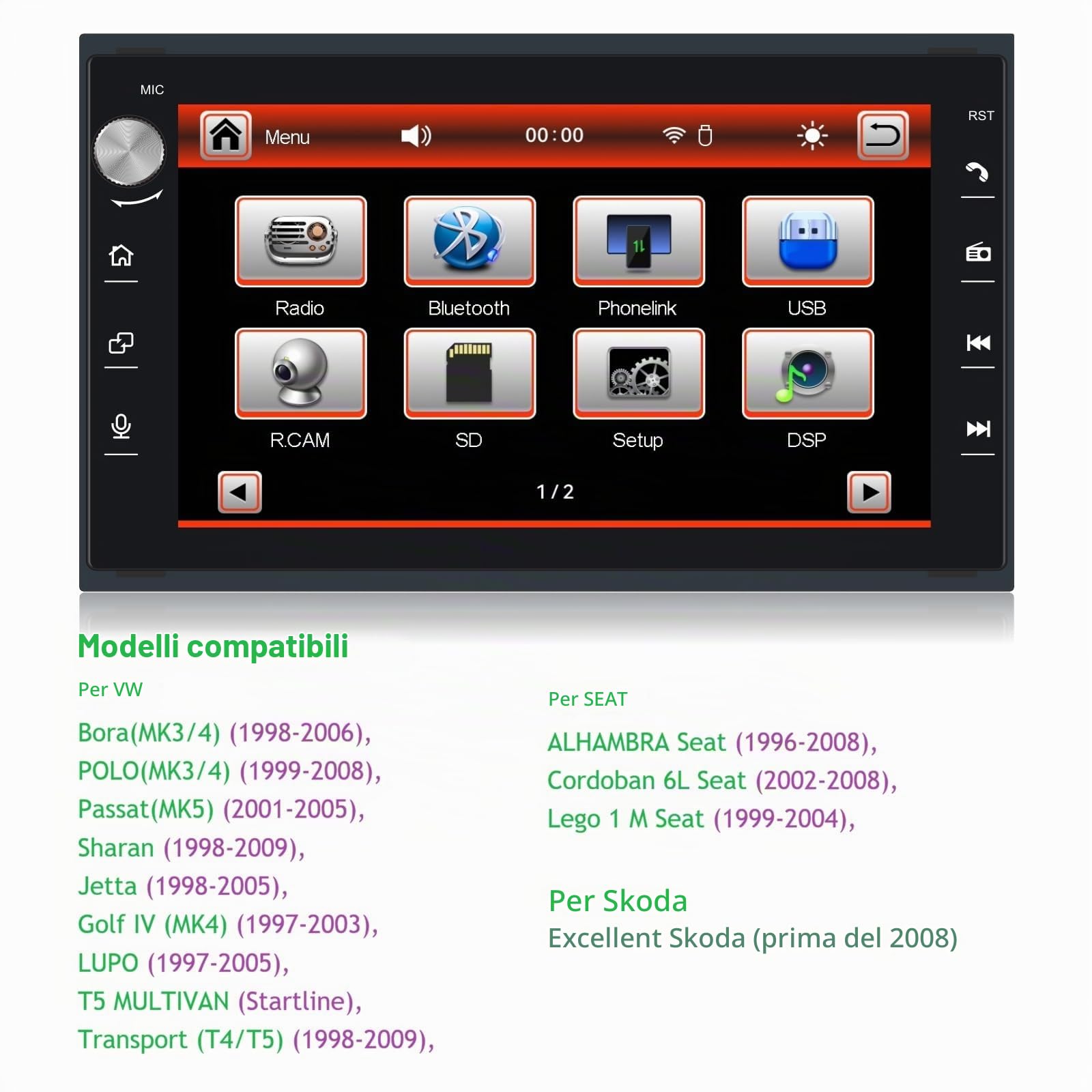 Autoradio HLLECARMO per VW Golf 4, VW T5, Polo 9N, Passat B5, Seat e Skoda – Touchscreen da 7 pollici, CarPlay e Android Auto wireless, Bluetooth/AM/FM/SWC/USB/DSP-EQ, CAN-bus, MirrorLink