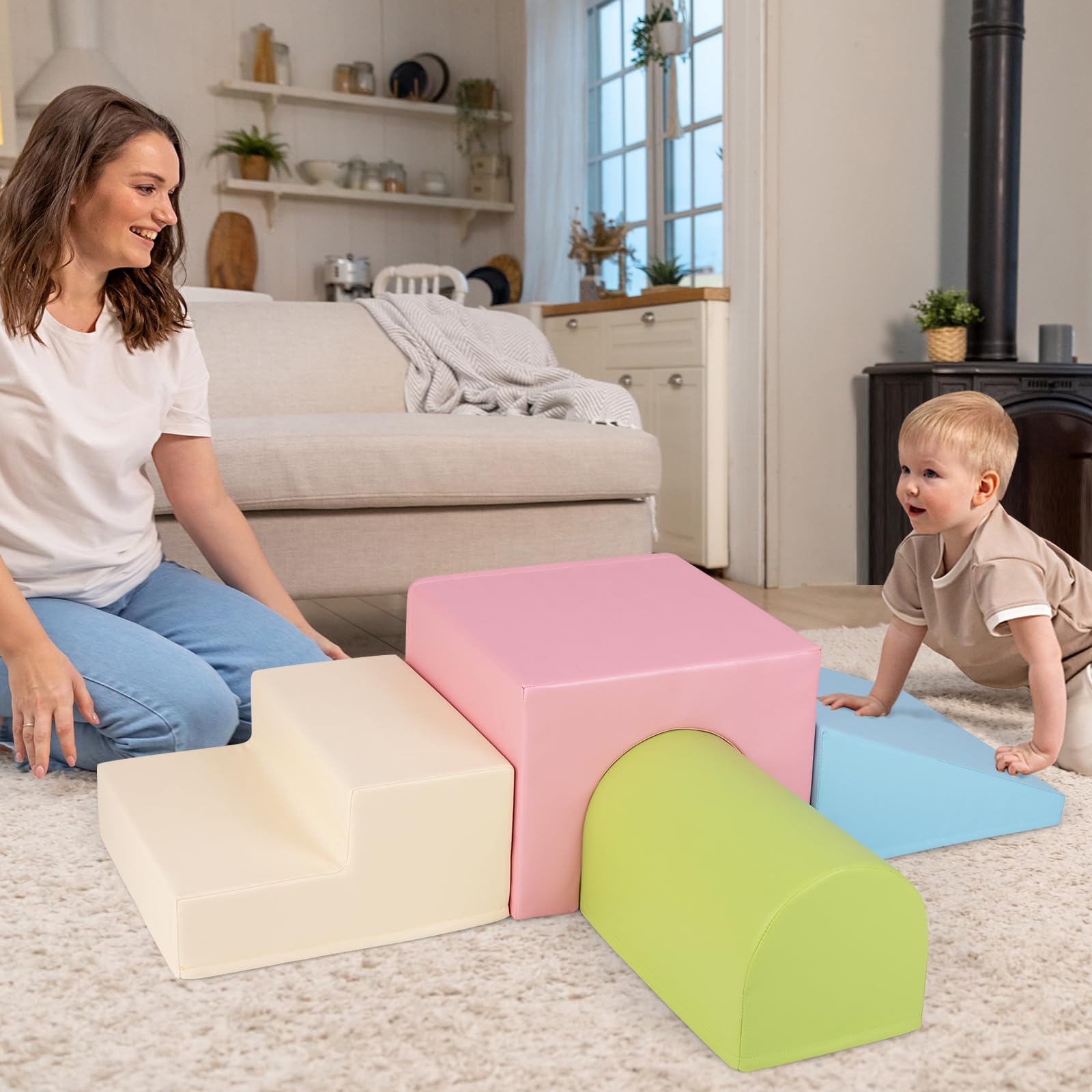 COSTWAY 4 PCS Parcours Motricité Bébé en Mousse avec Housse Amovible en PU, Module Motricité Bébé avec Toboggan & Différentes Formes, Jouets Éducatifs Colorée pour Grimper Ramper (Rose+Beige)