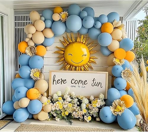 Miniatura 5 de Guirnalda de globos azules y amarillos, globos de doble relleno blanco arena, azul polvoriento, amarillo, crema, kit de arco de globos para baby