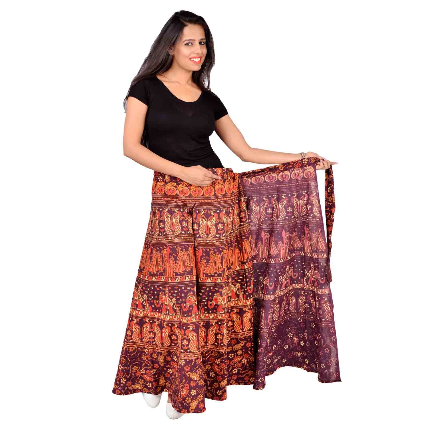 Jaipur SkirtWomen's Traditional and Stylish Cotton Jaipuri Printed Wraparound Skirt (MJBW00537_Free Size, Brown, Free Size)