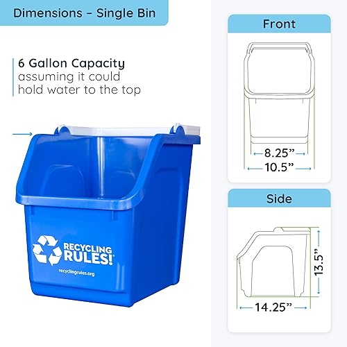 Miniatura 2 de Recycling Rules! Contenedor de reciclaje apilable de 6 galones en azul, ecológico, sin BPA, práctico reciclador con asa, paquete de 3
