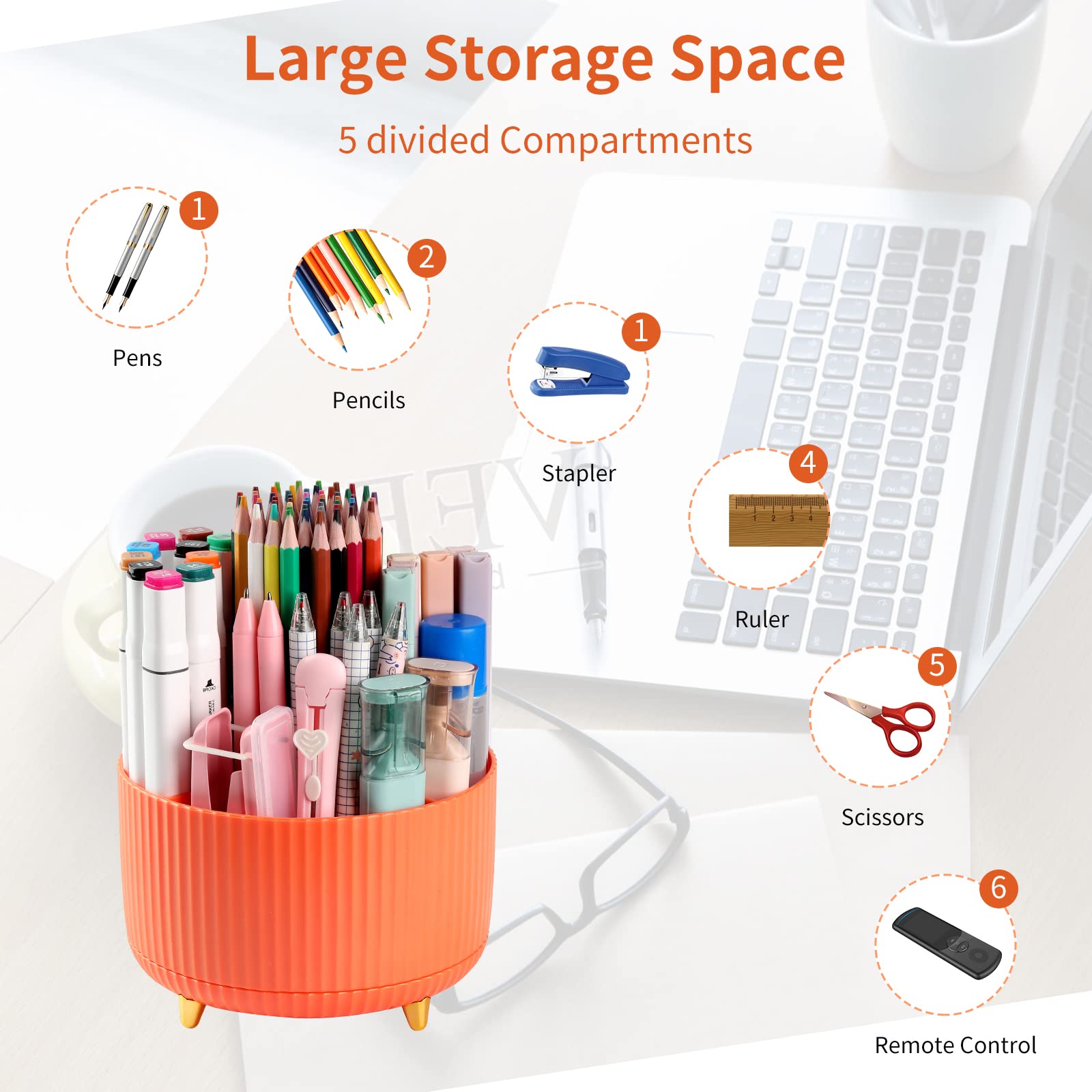 Support Rotatif 360° Pour Bureau - 2 Pots à Crayons Avec 5 Compartiments - Orange Et Rose