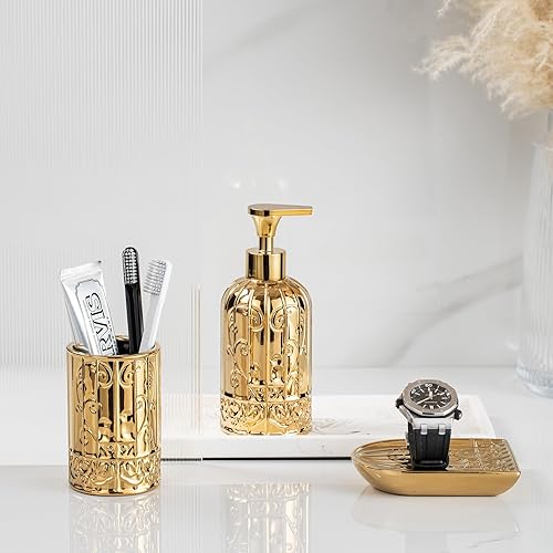 Miniatura 7 de Juego de accesorios de baño dorados, decoración moderna de baño. Dispensador de jabón dorado, jabonera y vaso, juego completo de accesorios de baño