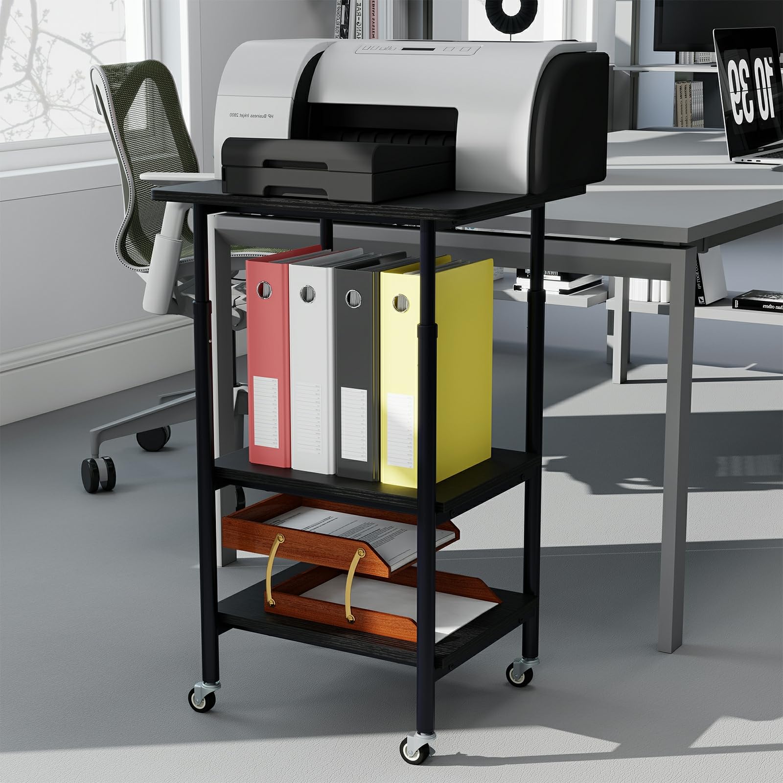 HOMASIS 3-stufiger Druckerständer, Druckertisch mit Rollen, Druckerwagen höhenverstellbar 12 cm, Rollcontainer 20kg belastbar, Druckerregal Rollwagen Maschinenständer für Büro (Schwarz)