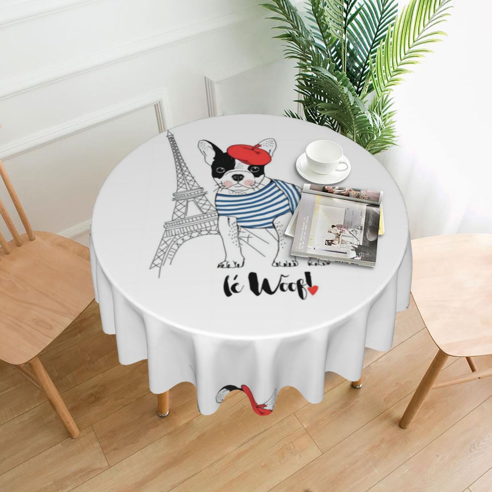 YYHWHJDE Dog With Eiffel Tower Prints Round Decorative Tablecloth 60in - High-Grade Polyester Throw for Elegant Dining & Festive Gatherings