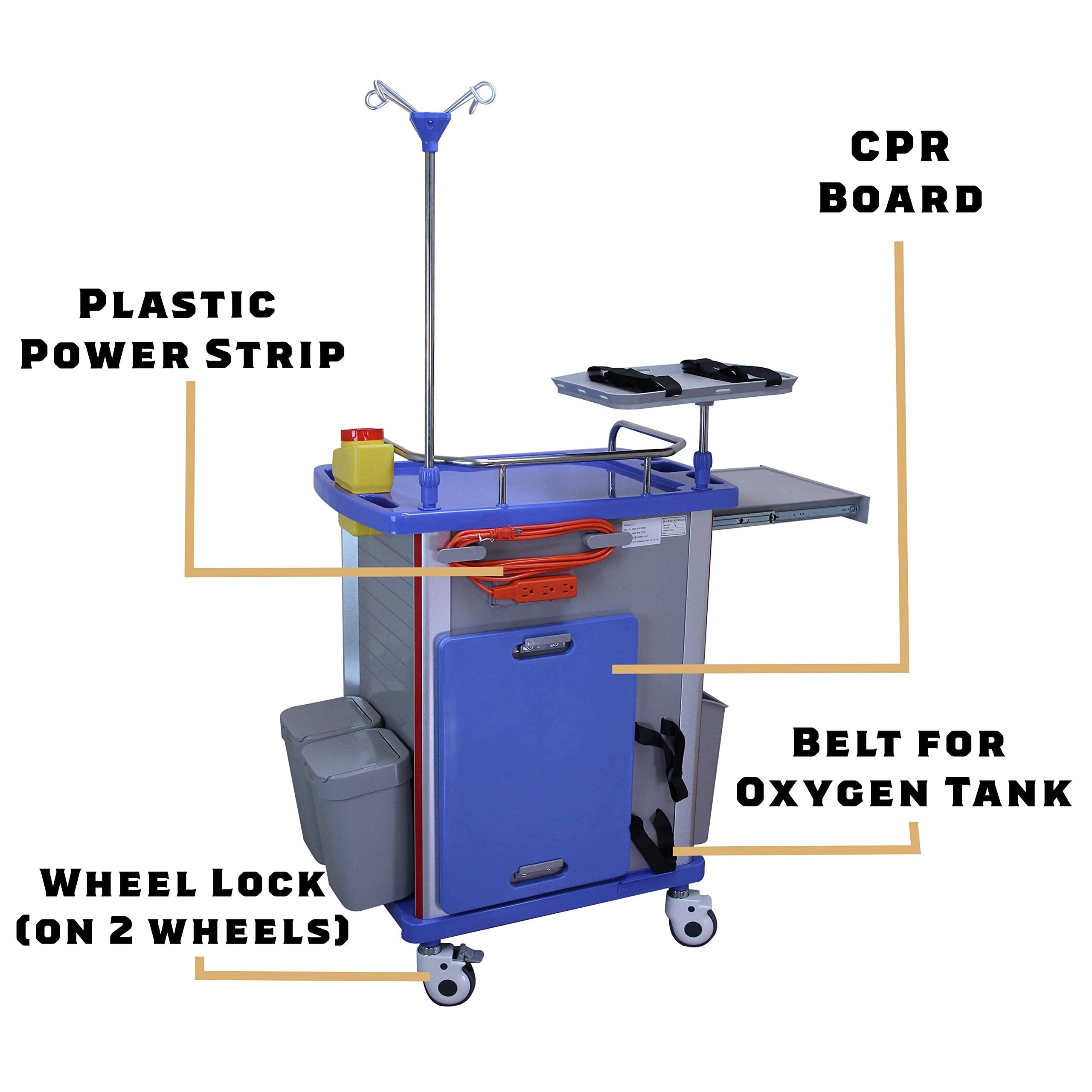 Medical Crash Cart with Emergency Accessory Cardiac Board, IV Pole