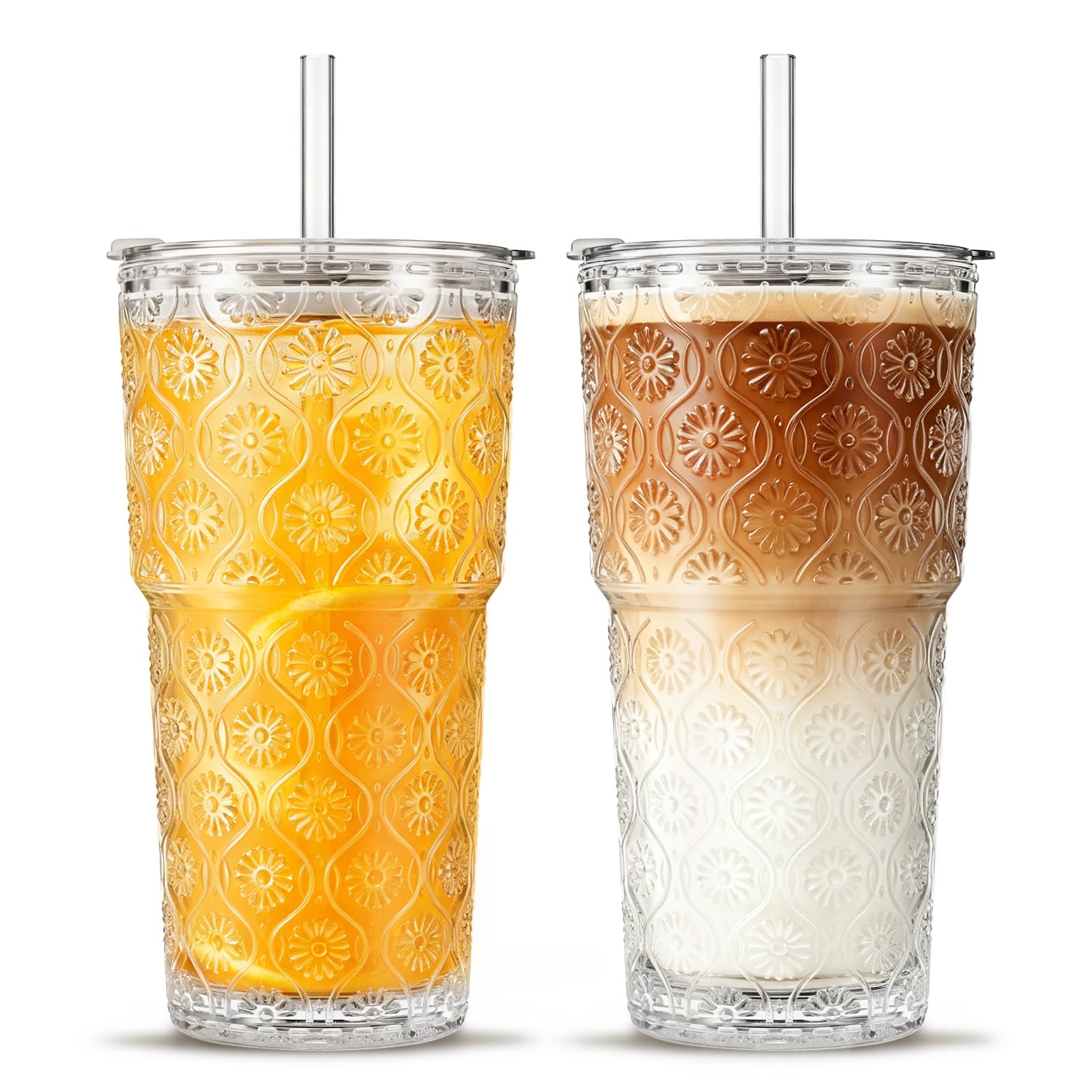 INSETLAN 600ml Begonia Flower Glass Tumbler with Straws and Lids Set of 2 – Thickened Vintage Glass Cups with Lids and Glass Straws for Iced Coffee, Smoothies, Milk, Water, and More – Elegant& Durable — image 1