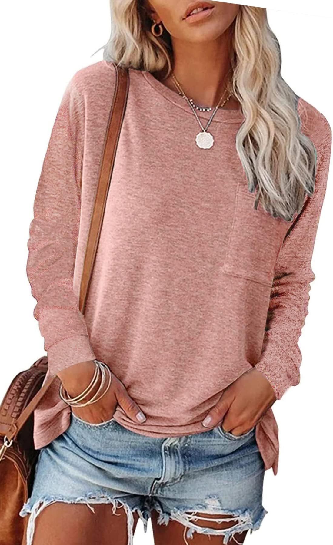 FANGJIN Womens Tops Casual Fall Tshirts Pink Tops for Women Tunic Tops to Wear with Leggings Crewneck T Shirts for Women M
