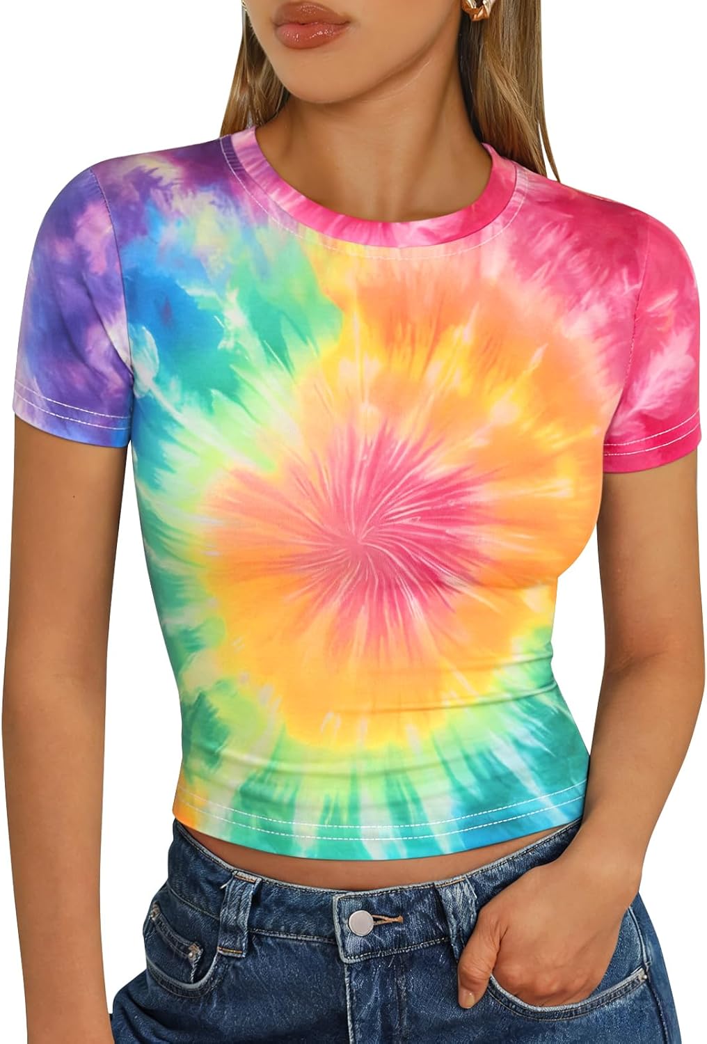 Tie Dye Crop Tops for Women Girls Hippie 60s 70s Short Sleeve Tie-Dye Cropped T Shirt