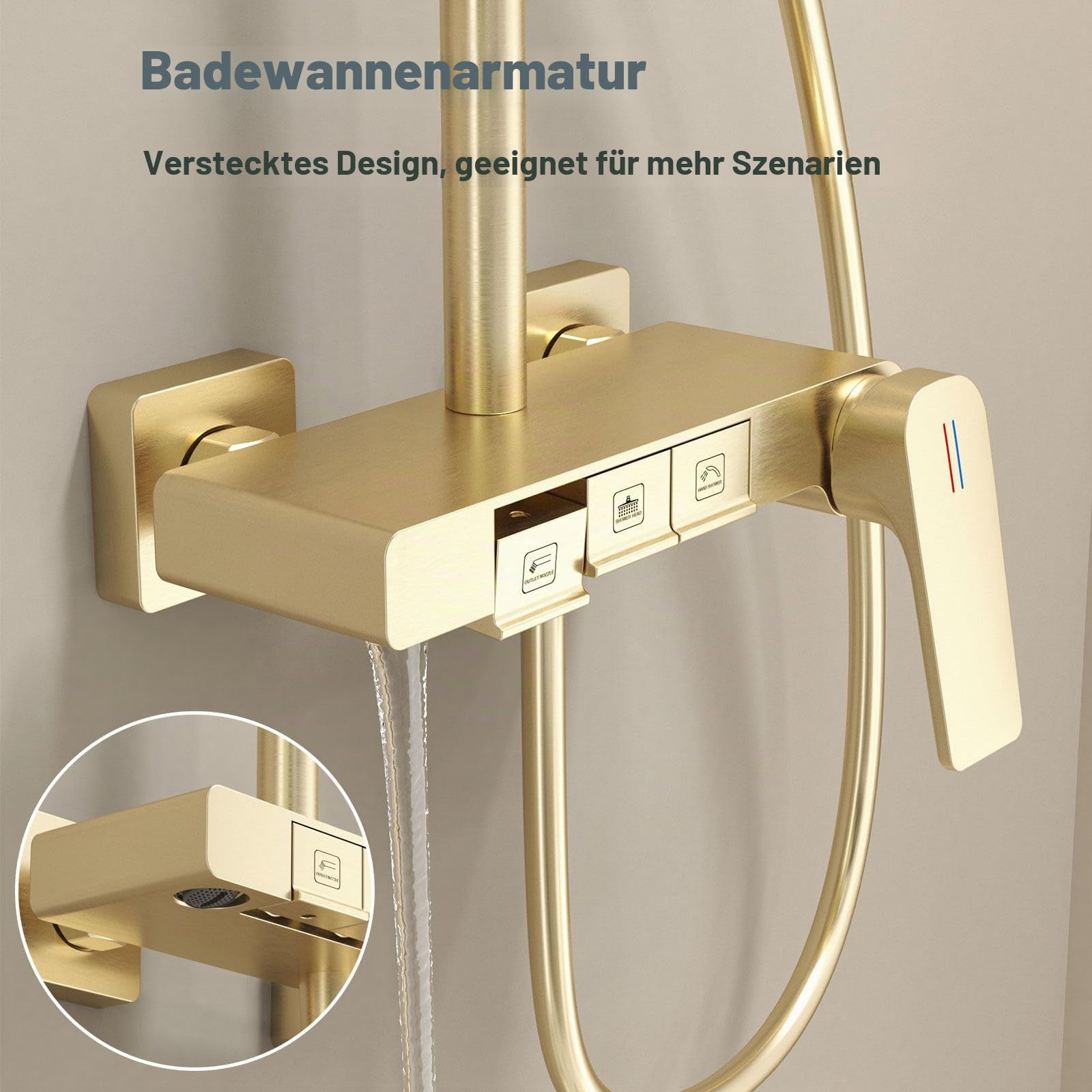 Duschsystem, BSS0338 Modern Klaviertasten Duschset, 30x20cm Quadrat Duschkopf, Regendusche mit Armatur, Badewannenarmatur, 59A Kupfer, Höhenverstellbar