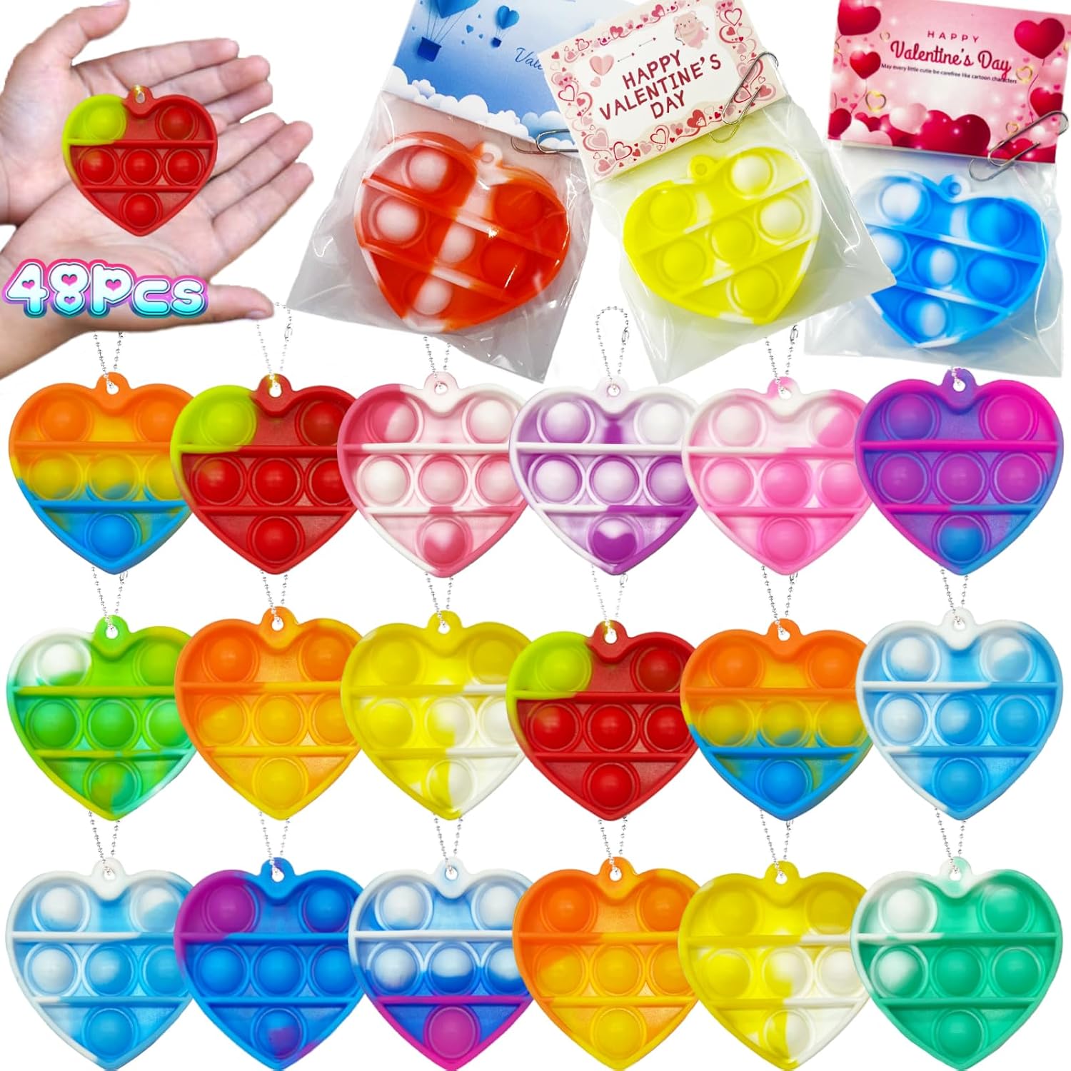 48 Packs Valentines Day Cards for Kids, Heart Pop Valentines Fidget Toys Bulk Stress Relief Fidget Toys for Kids Valentine's Party Favors School Classroom Exchange Gifts，Valentine's Day Gift