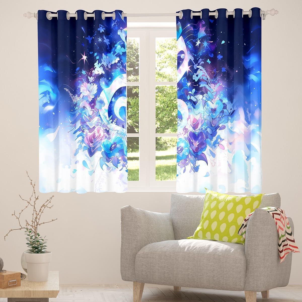 Erosebridal Music Theme Blackout Curtains 76x45 Musical Notes Curtains & Drapes,Glowing Navy Flower Curtains Sparkling Stars Window Treatments Rock Jazz Blue Music Window Curtains Kids Room Decor
