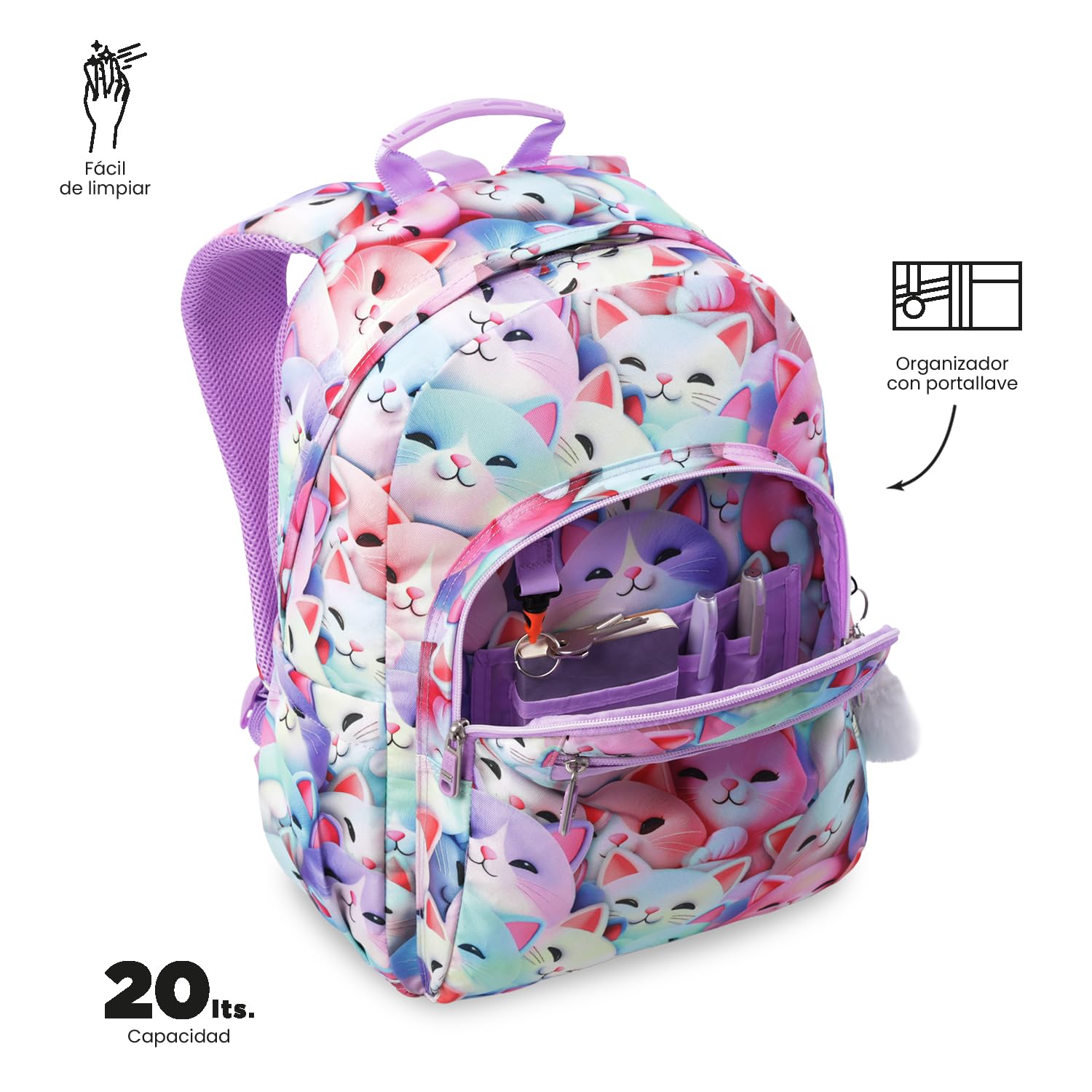 TOTTO - Mochila Escolar Adaptable a Carro, Modelo Acuareles, Capacidad 20 L, Bolsillo Pc 14", Bolsillos Botella, Espaldar Ergonómico con Flujo de Aire, Cómodas Correas en S, Estampado Mewsy 3D