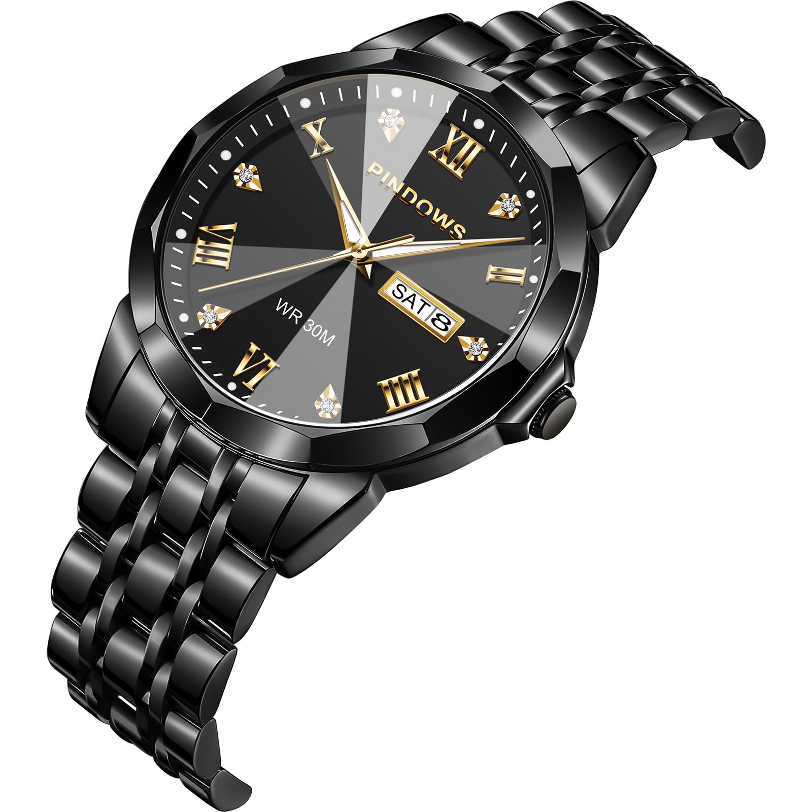 PINDOWS Herrenuhren Luxus Quarz-Analoguhr Datumsanzeige und großem Ziffernblatt wasserdichte modische Business-Armbanduhr Elegante zweifarbige Edelstahl-Klassiker-Herrenuhr mit beleuchtetem Kalender