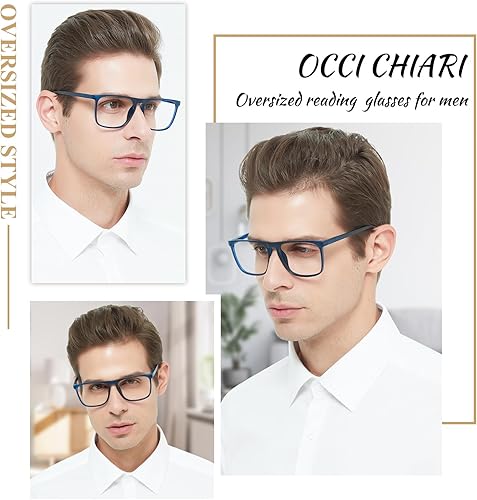 Miniatura 2 de OCCI CHIARI Anteojos de lectura grandes para hombres con bisagra de resorte para lectores cuadrados de gran tamaño, 1.0, 1.25, 1.5, 1.75, 2.0, 2.5,