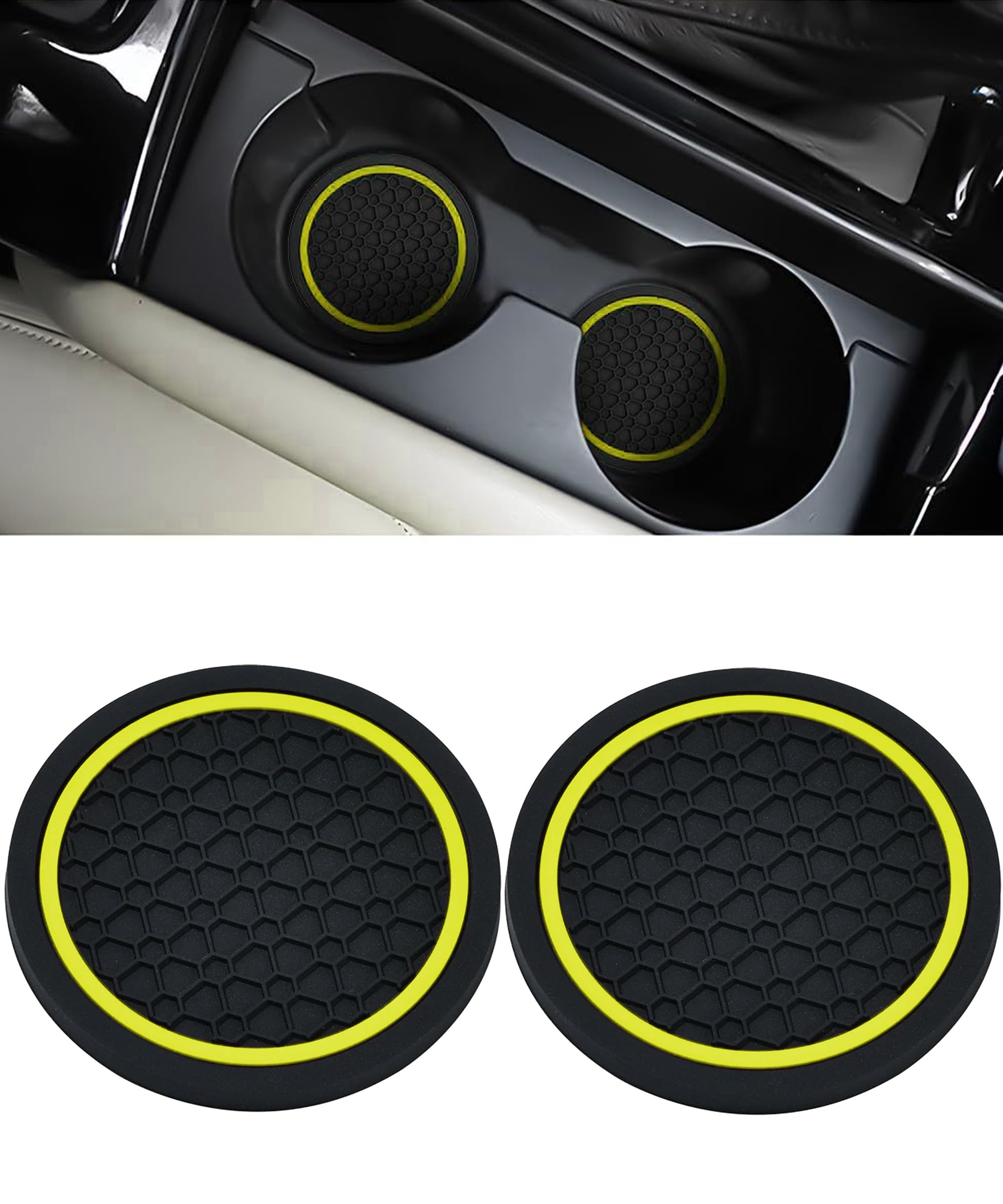Xibao 2PCS Auto Untersetzer Getränkehalter,Anti Rutsch Auto Tassenhalter,Durchmesser PVC Verdicken Schwarz Autos Untersetzer,Geeignet für die Meisten Autos,SUVs und Anderen Modellen (Schwarz&Gelb)