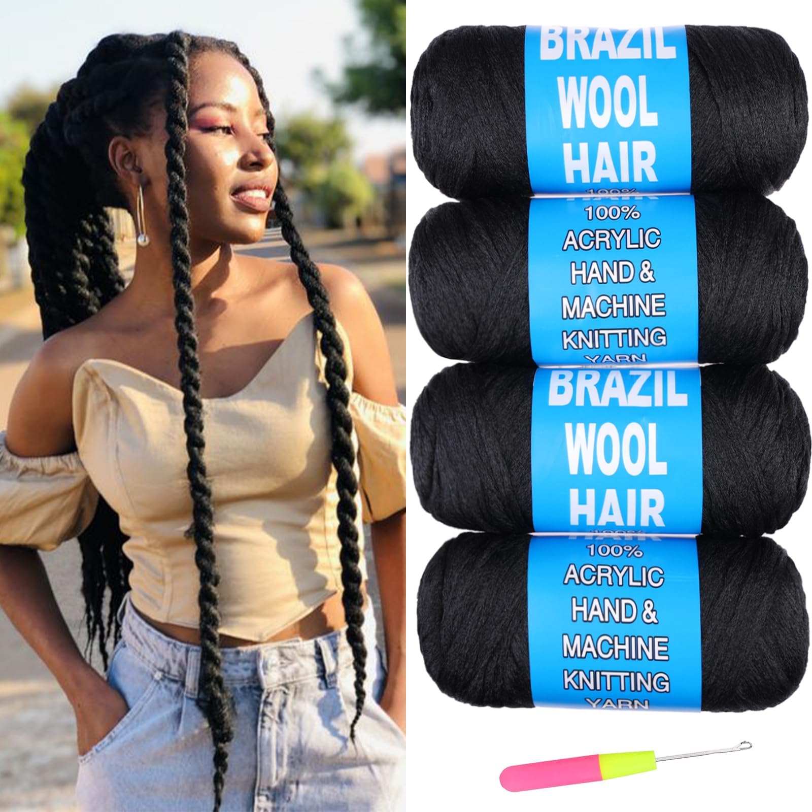 Ainimiu 4 Roll Brazilian Wool Hair for Braiding Faux Locs Crochet for Women Synthetic Braiding Hair Extensions