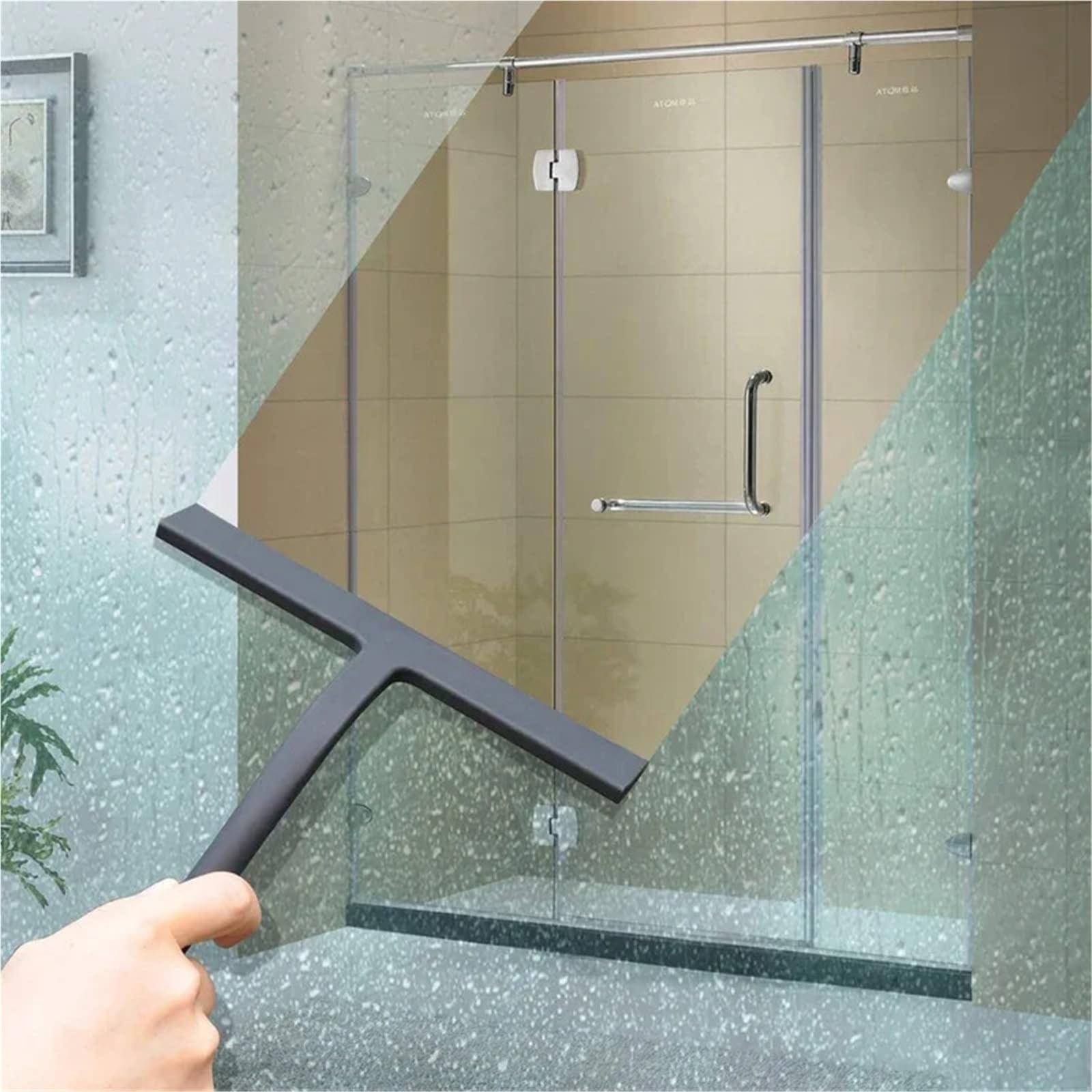 Duschabzieher Silikon-Rakel, streifenfreie Reinigung, Duschabzieher for Glas, Badezimmer, Duschtüren, Spiegel, Fliesen, Autofenster(Black with Holder)