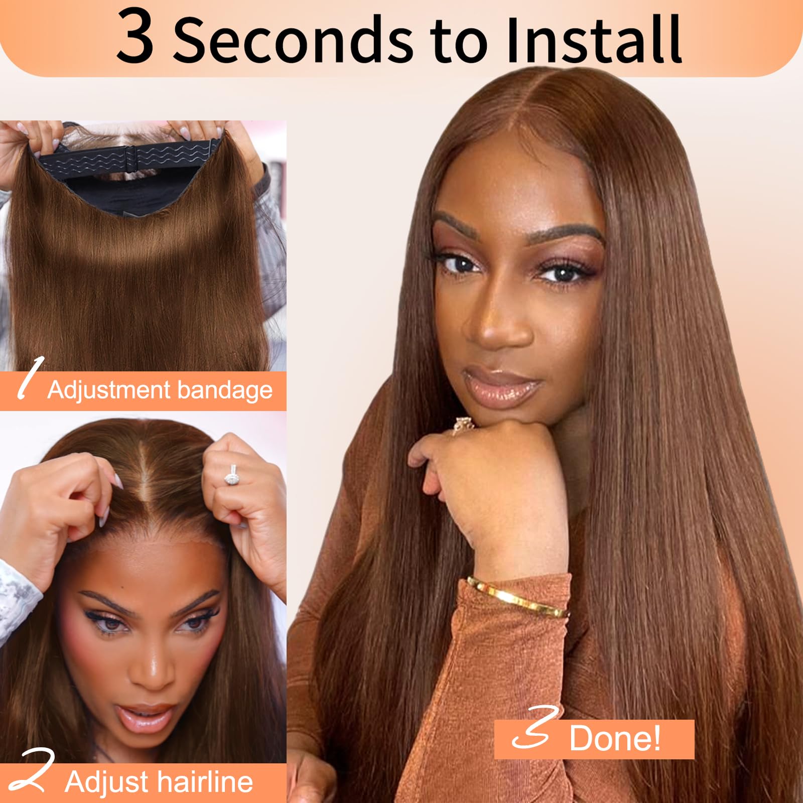 30 Inch Chocolate Brown 9X6 Straight Human Hair Wig for Women,200% Density Glueless Wigs Human Hair Pre Plucked Pre Cut,Wear and Go Glueless Lace Front Wig Brazilian Human Hairs Wigs - Image 2