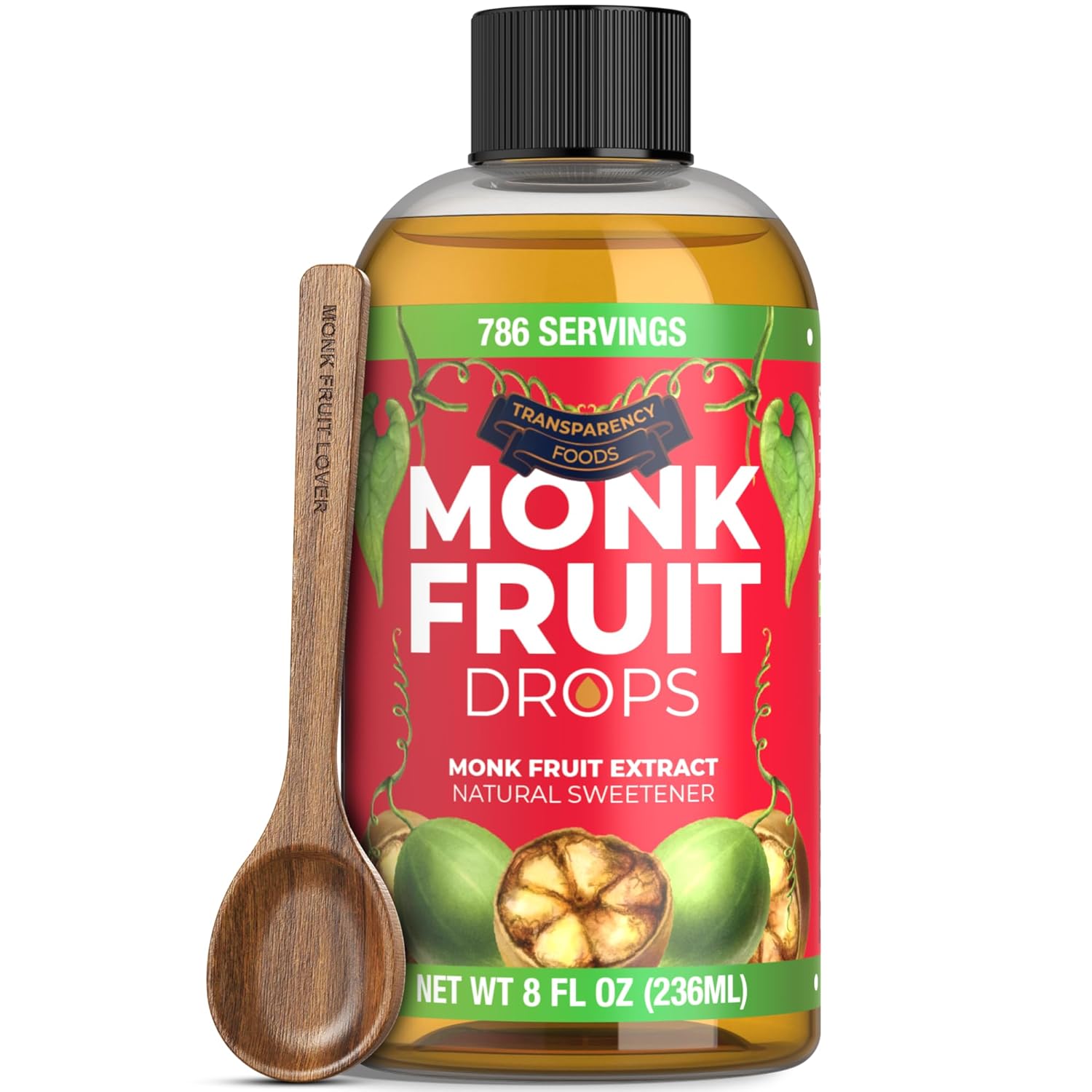100% Pure Monk Fruit Extract (6 Drops = 1 Tsp of Sugar) Zero Calories, Non-GMO, No Fillers - Liquid Monk Fruit Sweetener No Erythritol by Transparency Foods NEW FORMULA (8oz, 786 servings)