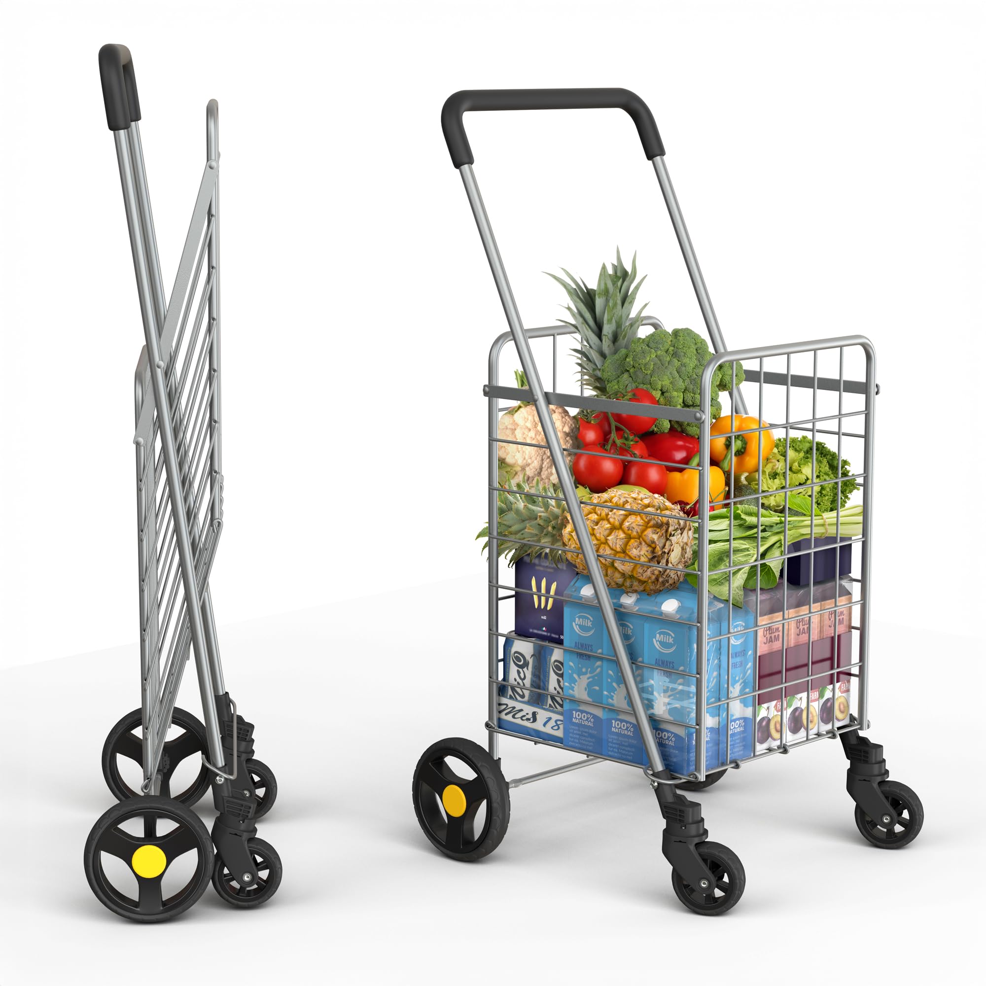 Our Modern Space Shopping Cart & Large 360° Swivel Wheels | Foldable Collapsible & Lightweight | Perfect for Groceries Laundry Utility Cart - Silver