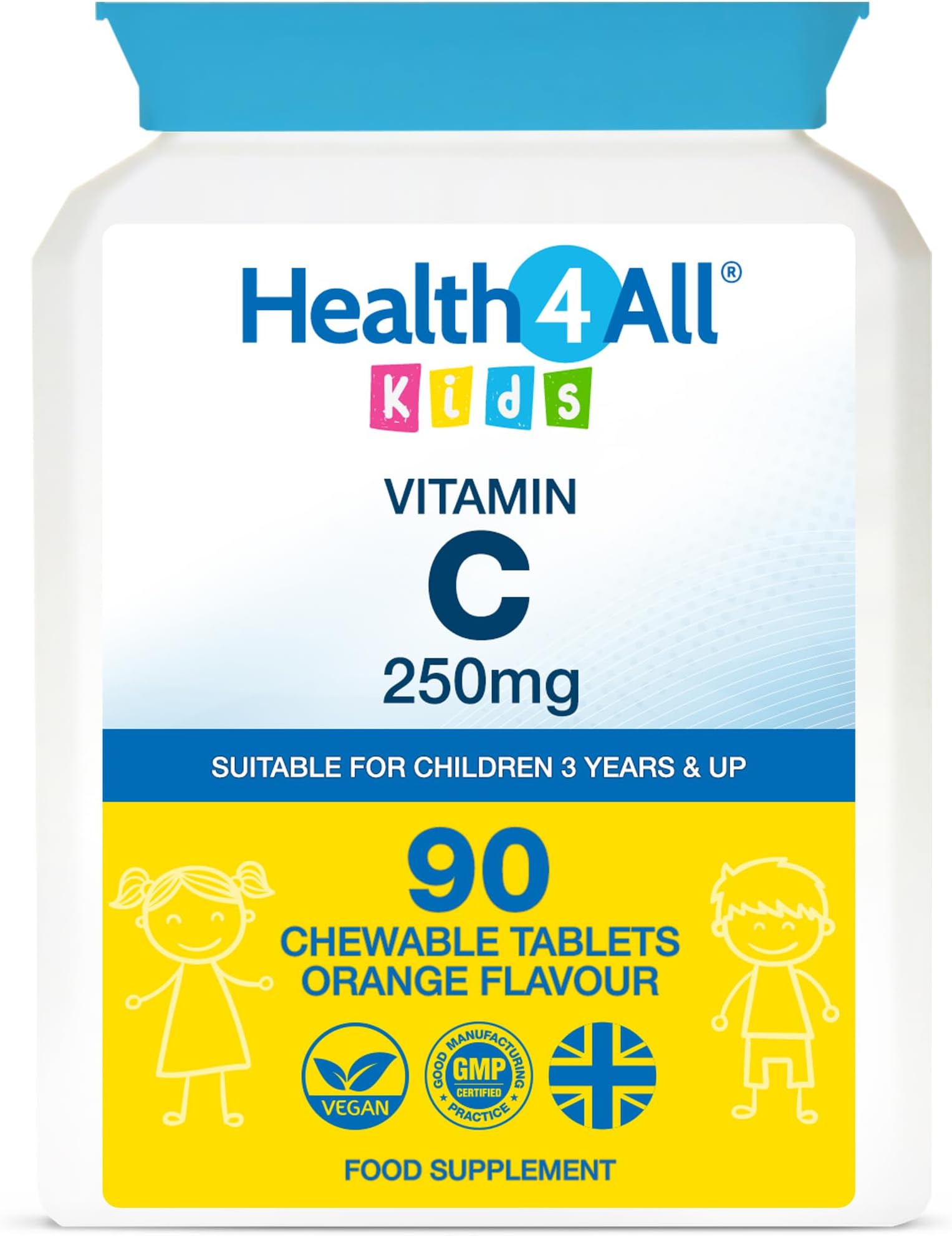 Kids Vitamin C 250mg, 90 Chewable Tablets 3 Months Supply for Children 3+ Immune System Support, Natural Vegan Orange Flavour | Made in UK (Not Gummies)