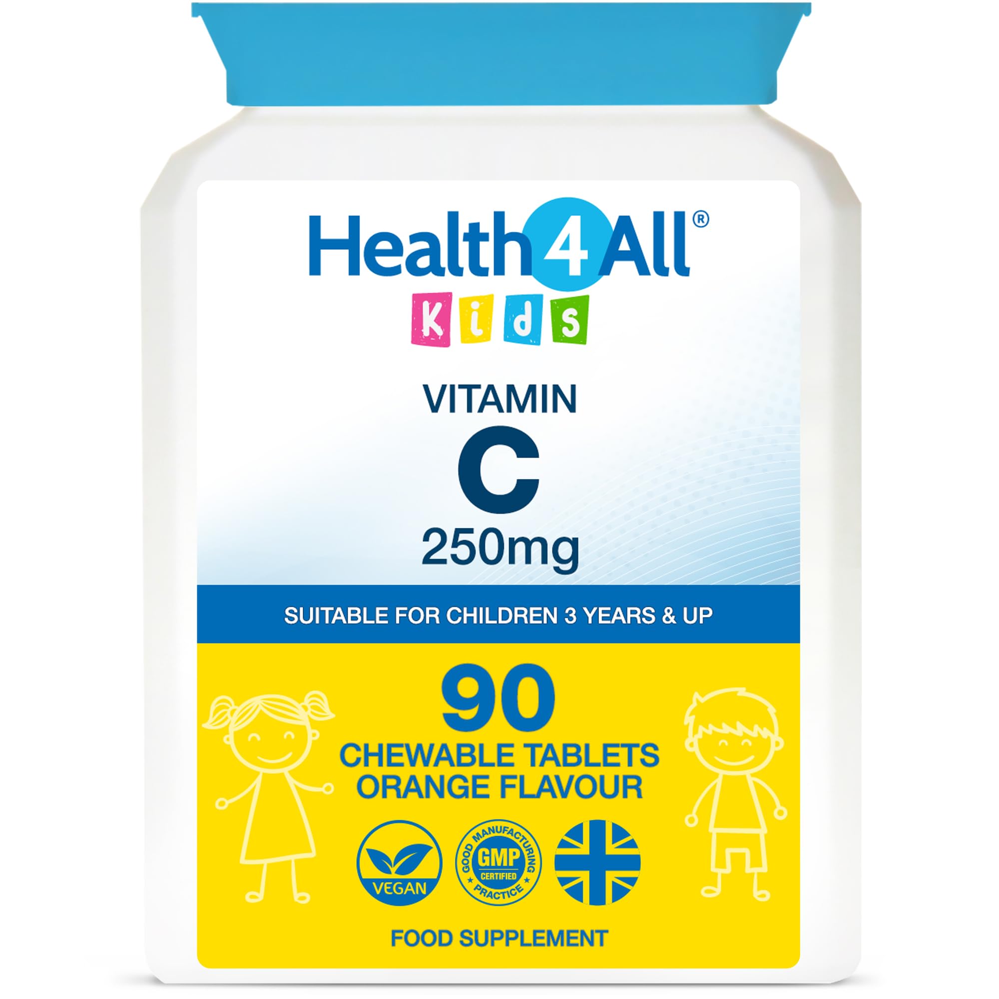 Kids Vitamin C 250mg 90 Tablets (V) . Vegan Chewable Vitamin C Tablets for Children 3+. Made in The UK