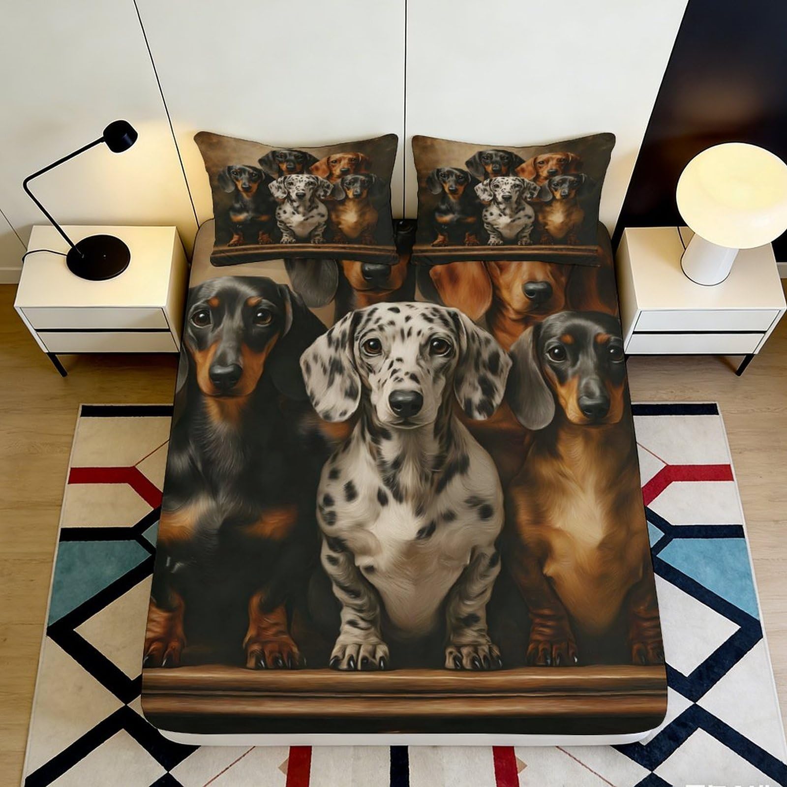 3D Printed Dachshund Dogs Fitted Sheet Microfiber Soft Breathable Multi-Dog Pattern Bed Cover for Bedroom Dormitory Guest Room Mattress Protection Decor 120x200x25cm