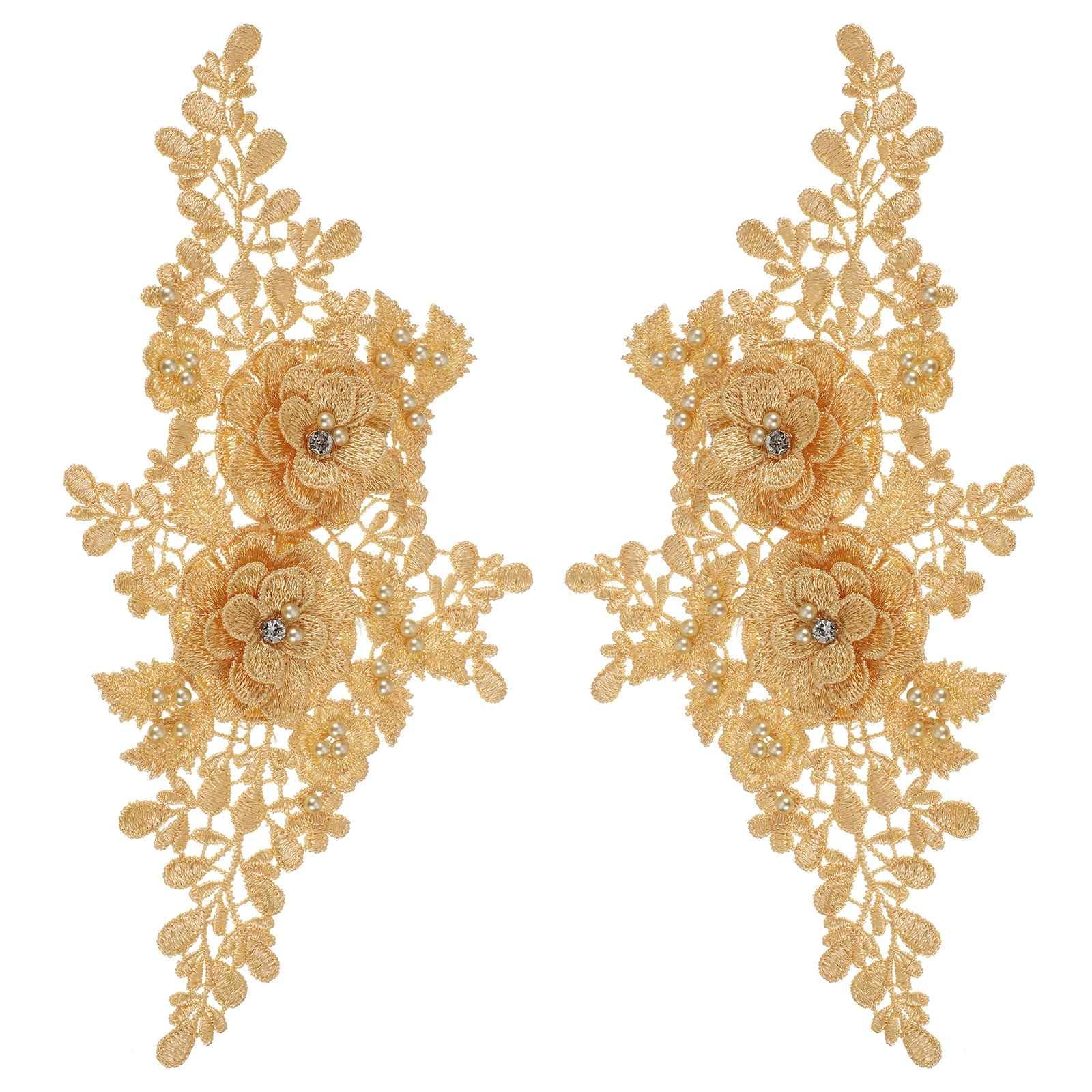 Photo 1 of MECCANIXITY 2 Pack 3D Flower Lace Applique with Rhinestone, 11x5 Inches Lace Embroidery Patches Sew on Embroidered Floral Appliques for Wedding Sewing Dresses Clothes Bags DIY, Gold
