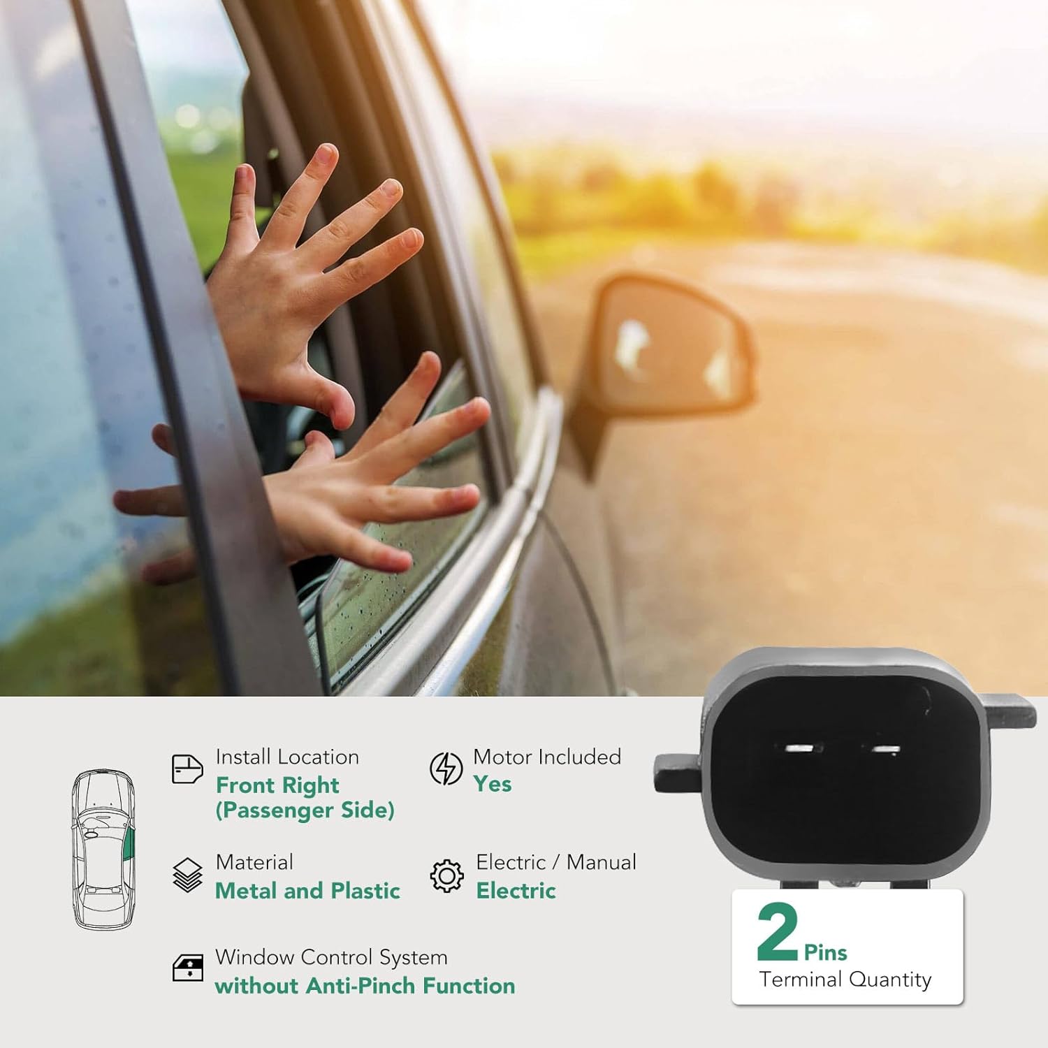 YHTAUTO Front Passenger Side Power Window Regulator With 2-Pin Motor Assembly for Jeep Wrangler 2007-2018, Wrangler JK 2018 Sport Utility