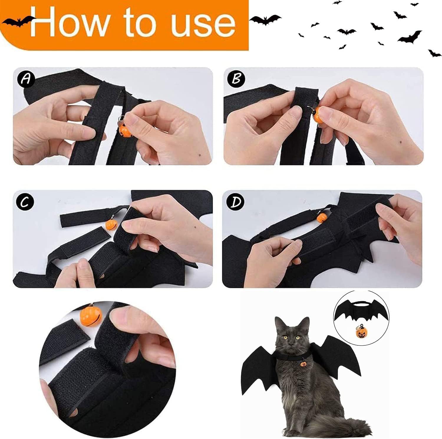 Halloween Cane Gatto per Animale, Cane Gatto Ali per Animali Domestici,Con Zucca Bells, Halloween Ali Di Pipistrello Da Compagnia,Domestici da Cosplay Costumi da Cani Gatti- Taglia M
