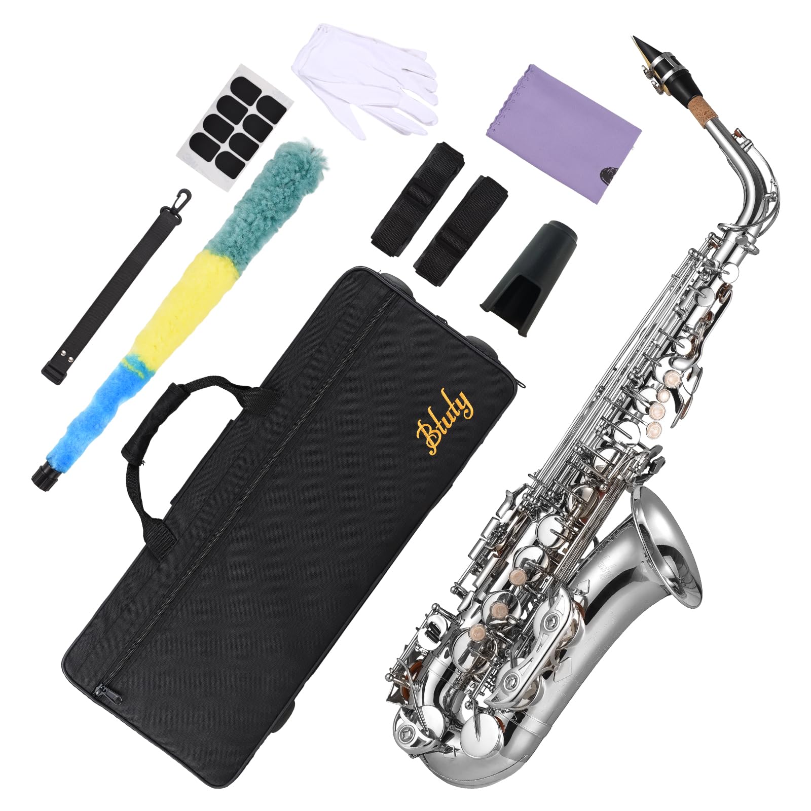 Btuty Eb Sassofono Alto Ottone E Flat Sax 802 Tipo Chiave Strumento a Vento in Legno Zeppe chiavi sax Sax Key Props per Alto con Barra di Pulizia Guanti in Tessuto Cinghia Imbottita