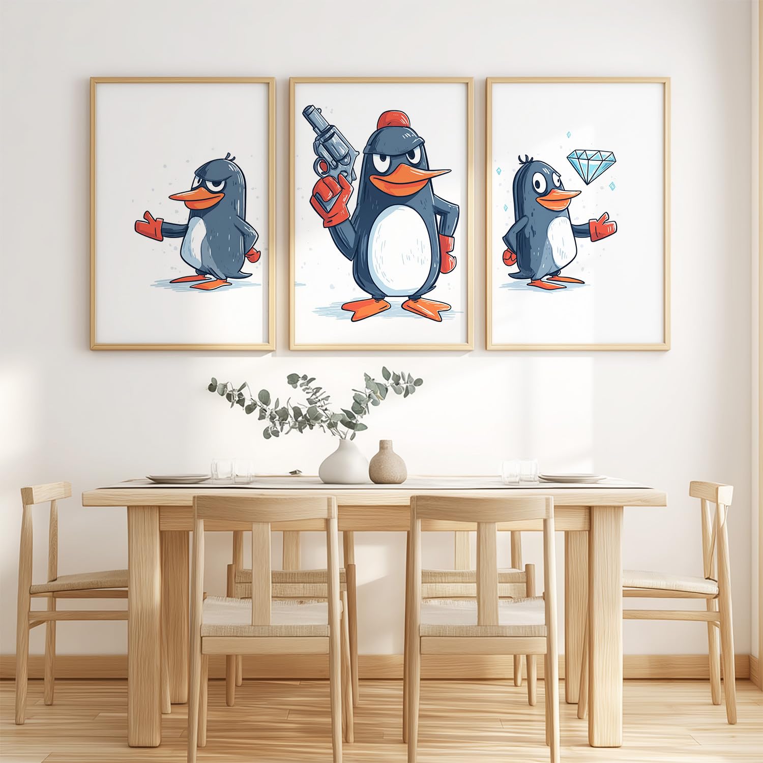 Generisch Amerykańskie obrazy z kreskówek, 3-częściowe, 40 x 50 cm, dekoracja ścienna z pingwinem, słodkie, humorystyczne, zabawne, kapryśne, plakat na płótnie, na parapetówkę, urodziny, rocznicę