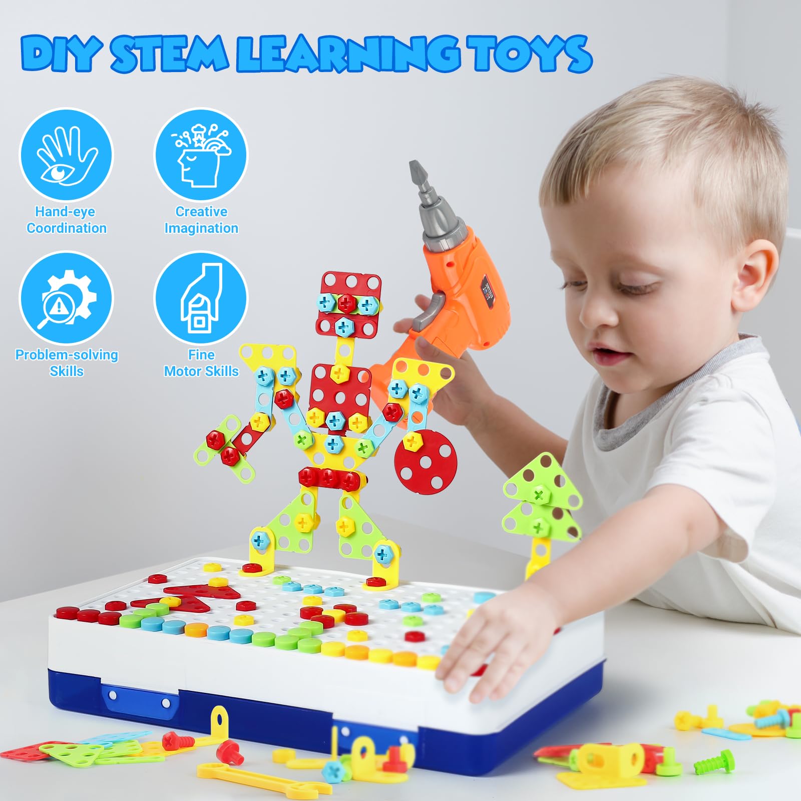 Shawe Spielzeug ab 3 Jahre 3D Mosaik Steckspiel Werkzeugkoffer mit Elektrische Bohrmaschine Montessori Kinderspielzeug Lernspielzeug Geschenke für Kinder ab 3 4 5 6 7 Jahre Jungen Mädchen 237 Stücke