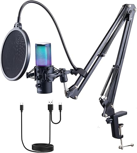 Miniatura 13 de VEVOR Micrófono USB, 192 kHz/24 bits, kit de micrófono de condensador profesional, con soporte de brazo de brazo, filtro pop, montaje de golpes,