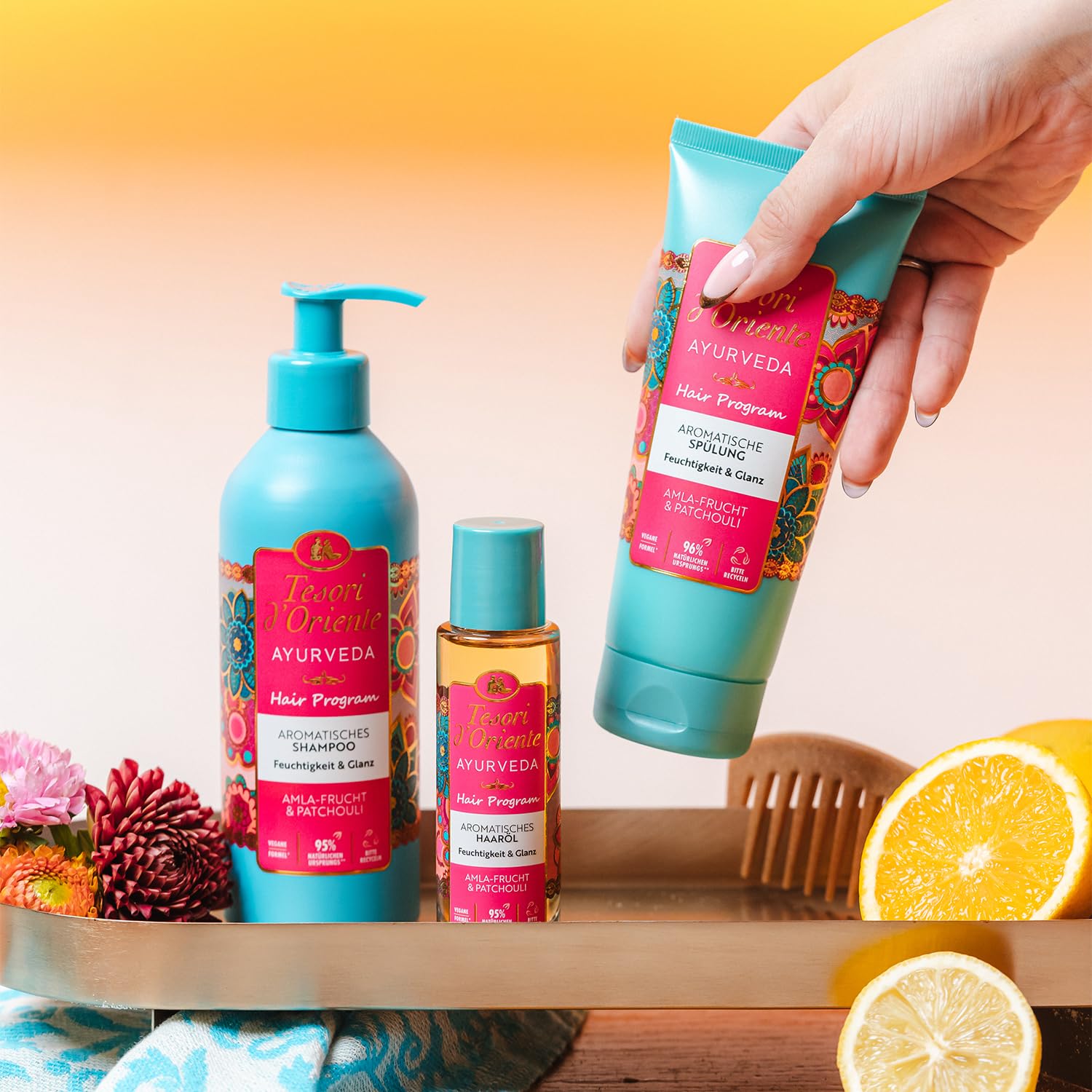 Tesori d'Oriente Hair Program olejek do włosów 'Ayurveda', 50 ml, aromatyczny olejek z owocami amla i paczula, nawilżający i błyszczący, do suchych włosów, rytuał wellness dla ciała i zmysłów