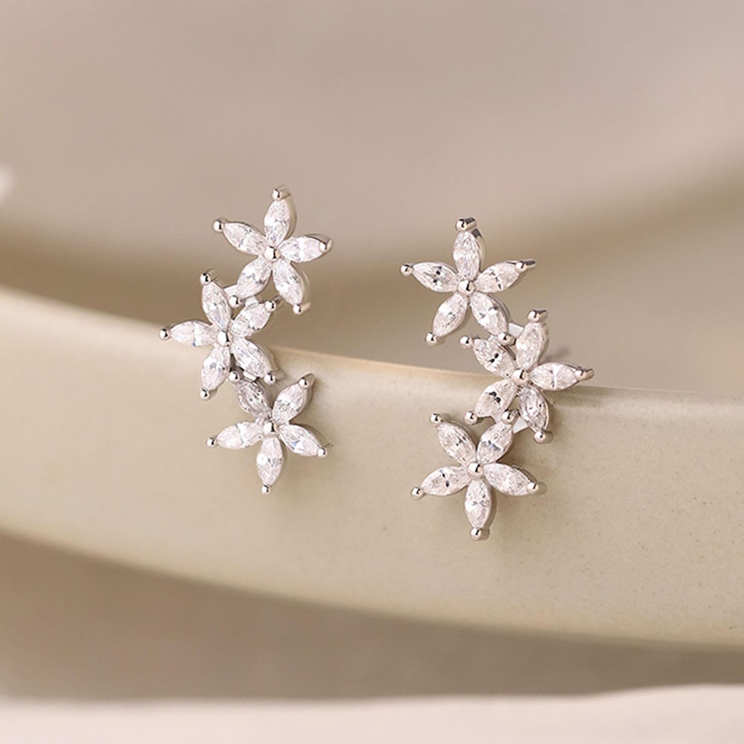 XAYAH Flowers Cluster Stud Earrings for Women 925 Sterling Silver Dainty Cubic Zirconia Sparkling Climber Lucky Flower Cuff Wedding Earring Ear Crawler Earring for Mom Mother's Day Easter Jewelry Gift
