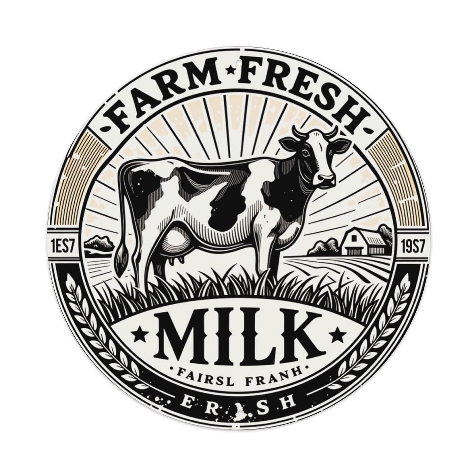 Farm Fresh Milk Cow Barn Field Sunburst Laurel Wreath Round Vintage Tin Sign,Retro Wall Art,Metal Poster for Home, Bar, Garage, Cafe, Rustic Indoor & Outdoor Decor, 8x8 Inches